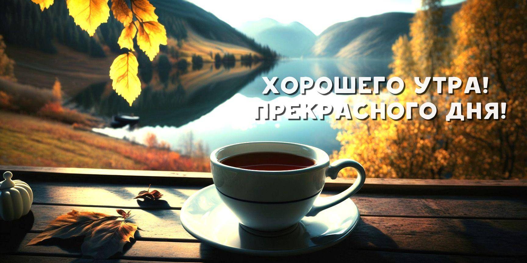 Осенний пейзаж с чашкой чая на переднем плане