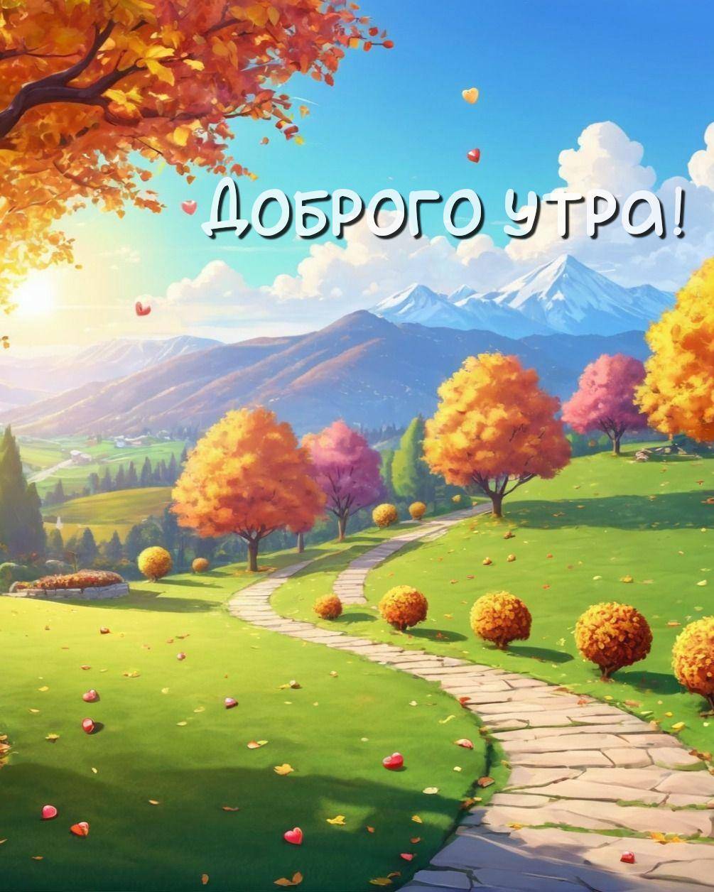 Осенний пейзаж с деревьями в ярких тонах и горами вдалеке