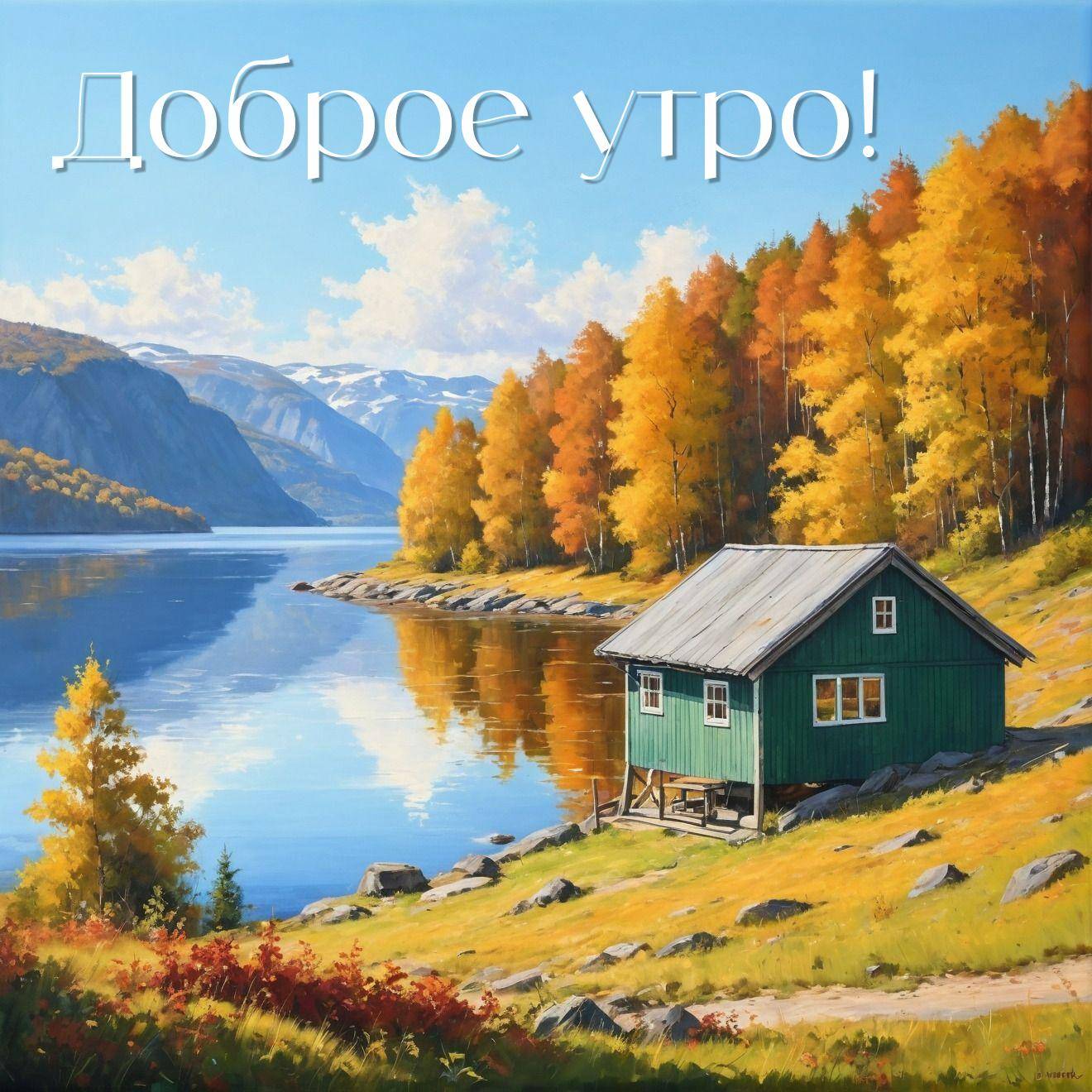 Осенний пейзаж с домиком у озера, окруженный желтыми деревьями
