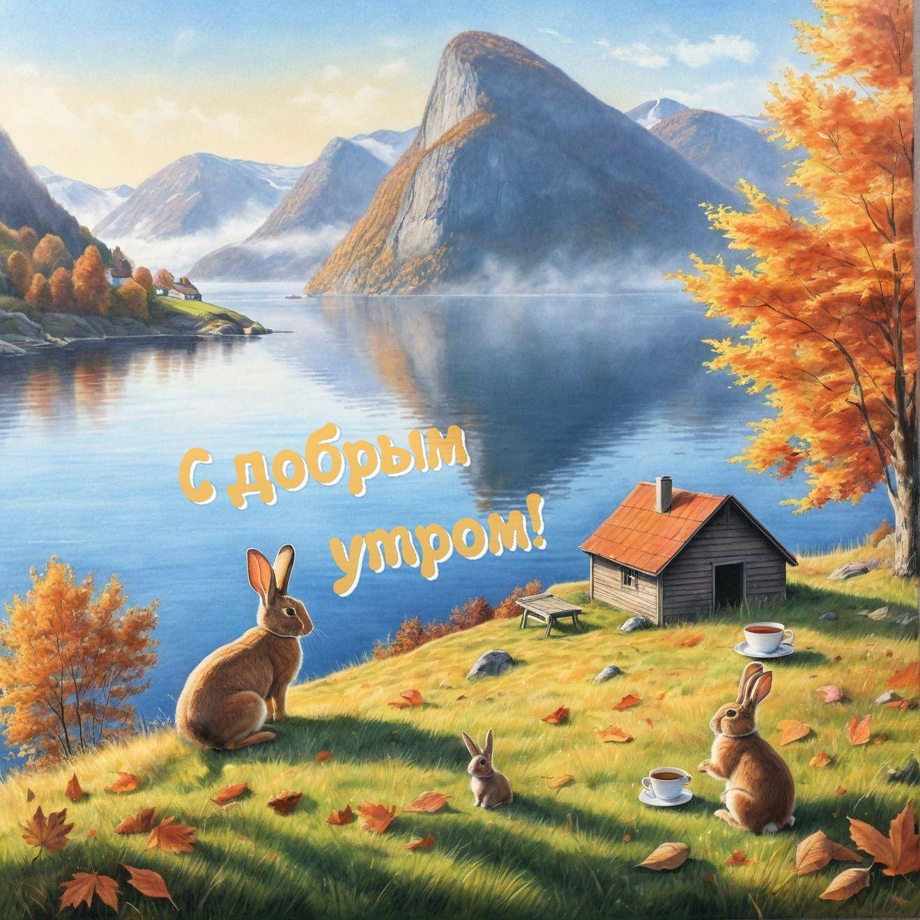 Осенний пейзаж с кроликами у озера и деревянной хижиной среди гор