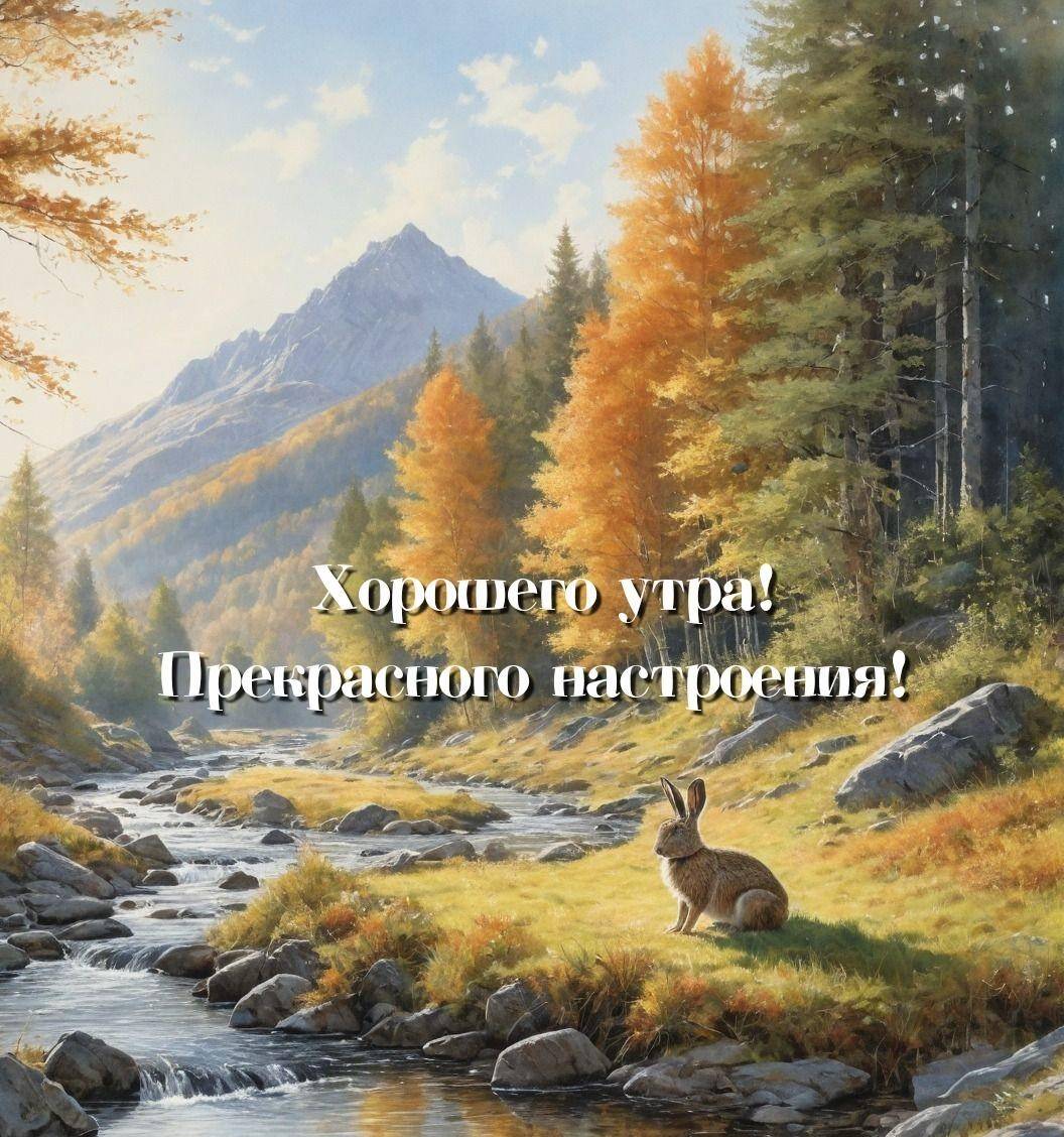Осенний пейзаж с кроликом у ручья и горой вдалеке