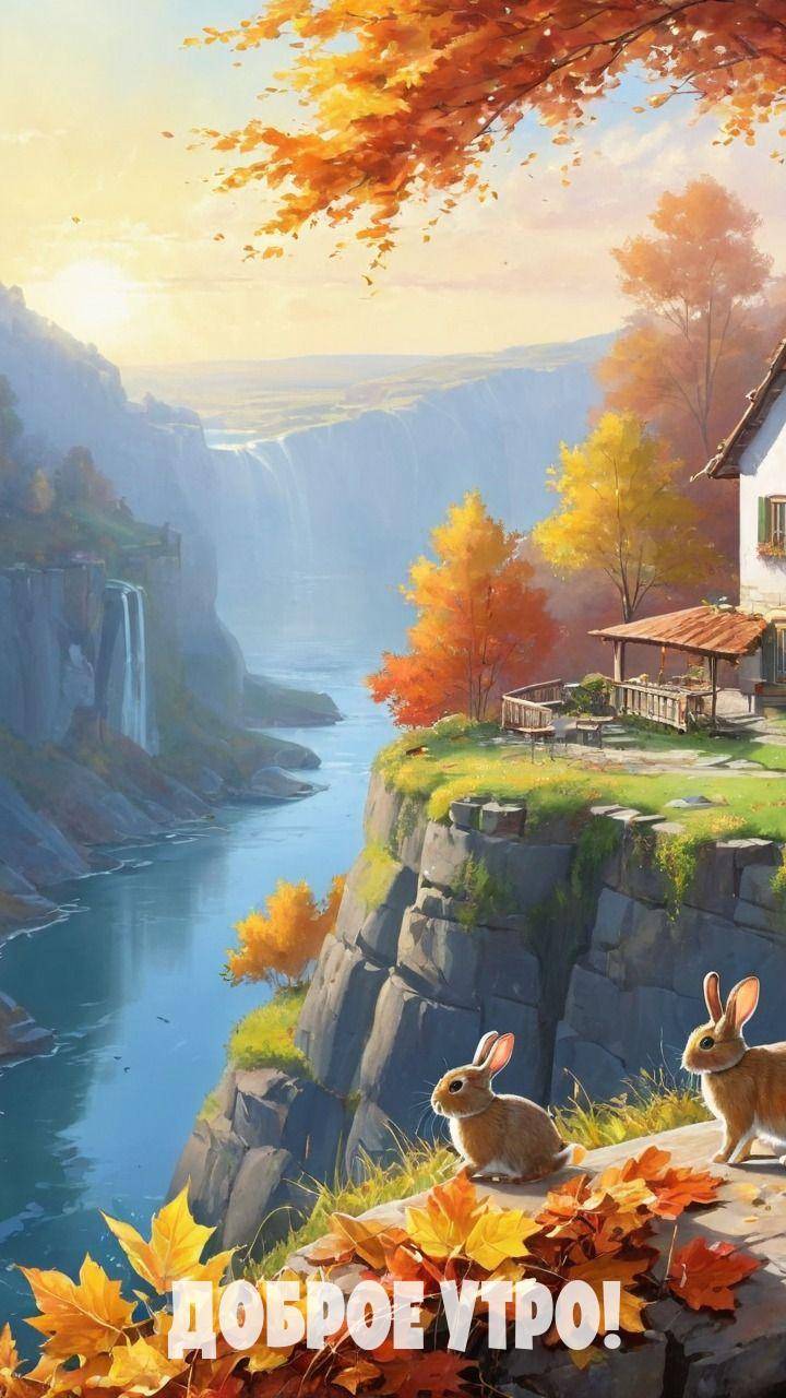Осенний пейзаж с водопадом, домиком и зайцами