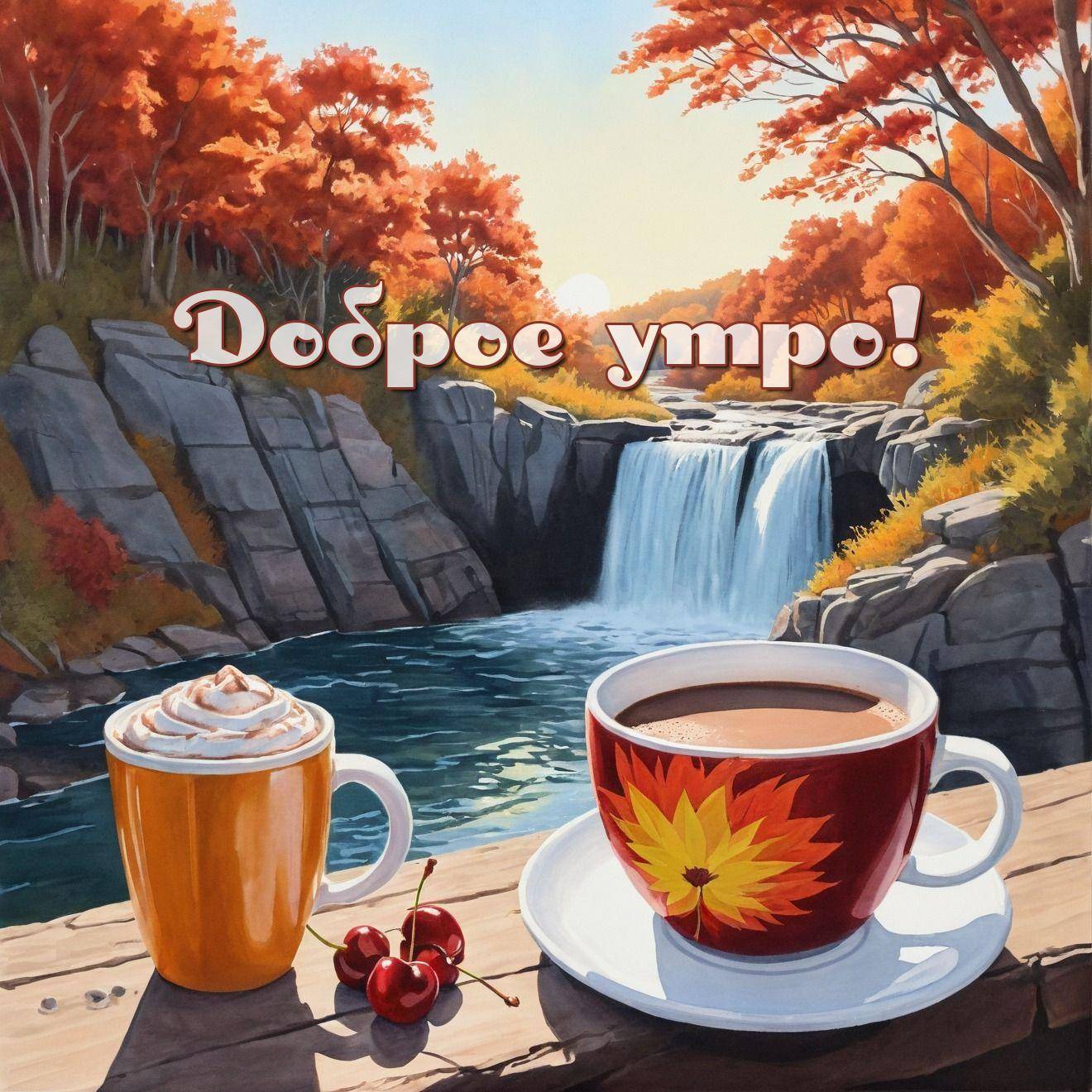 Осенний пейзаж с водопадом и чашкой кофе