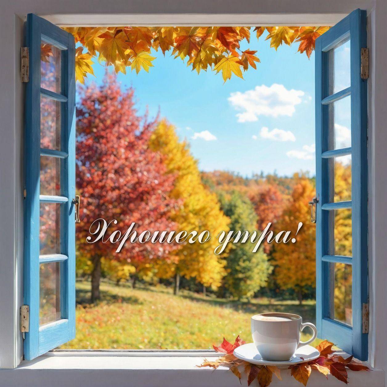 Осенний пейзаж за окном, чашка на подоконнике