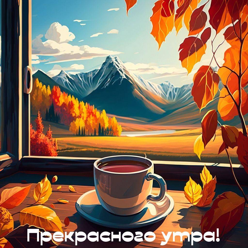 Осенний пейзаж за окном с чашкой чая