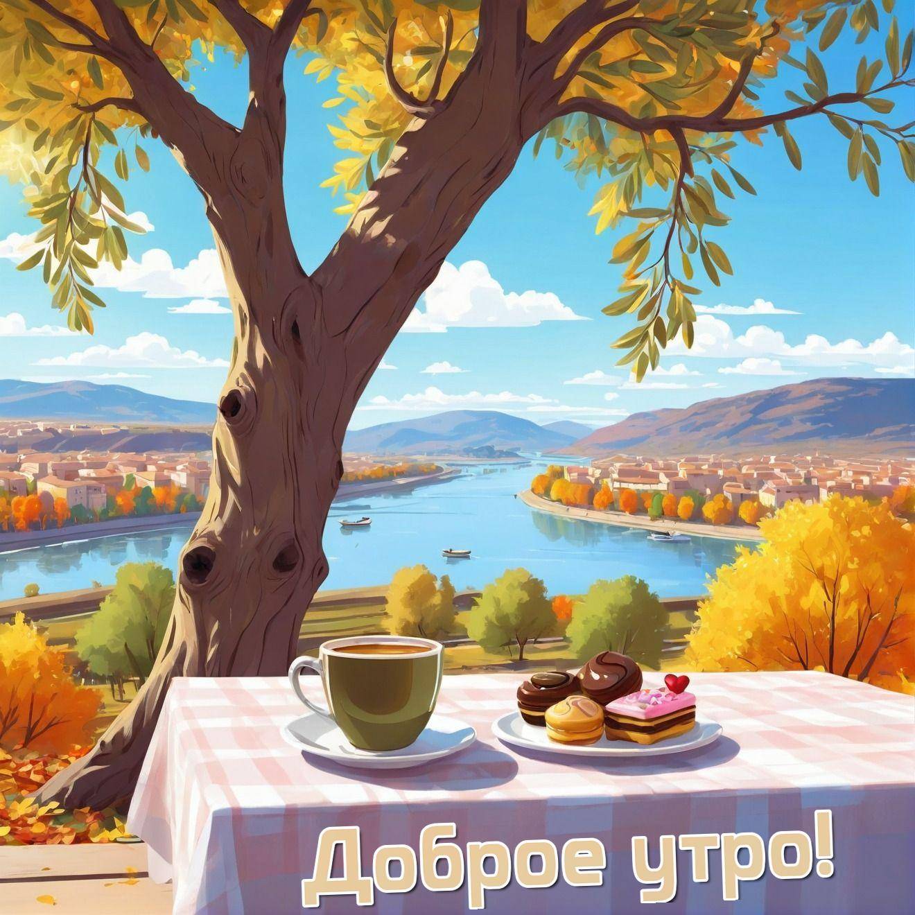 Осенний вид на реку, чашка кофе и выпечка на столе