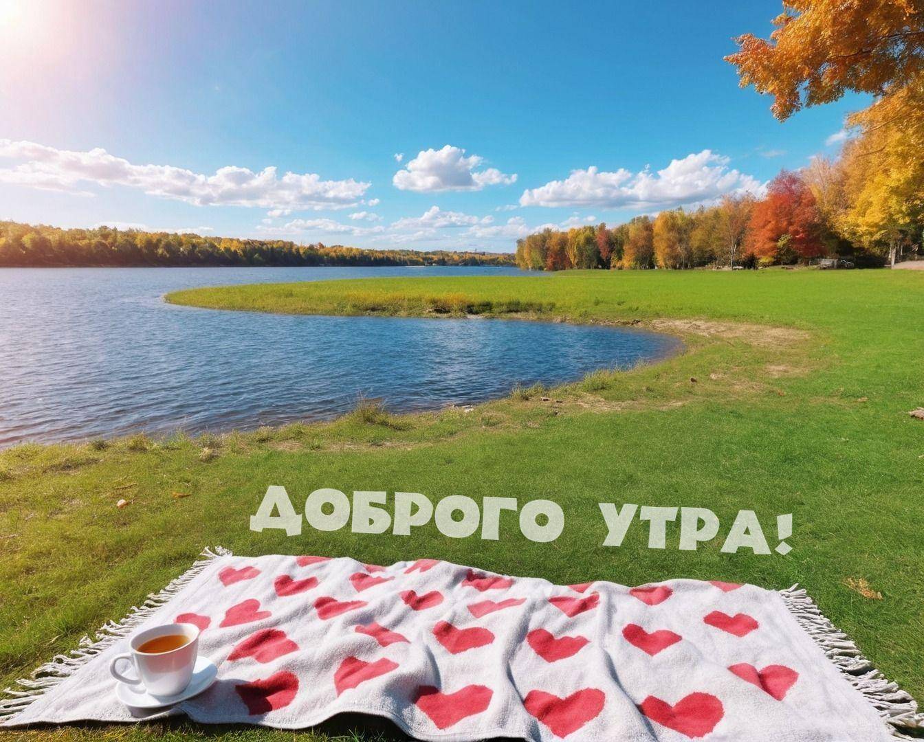 Озеро, пикниковое одеяло с сердцами, чашка на краю, осенние деревья