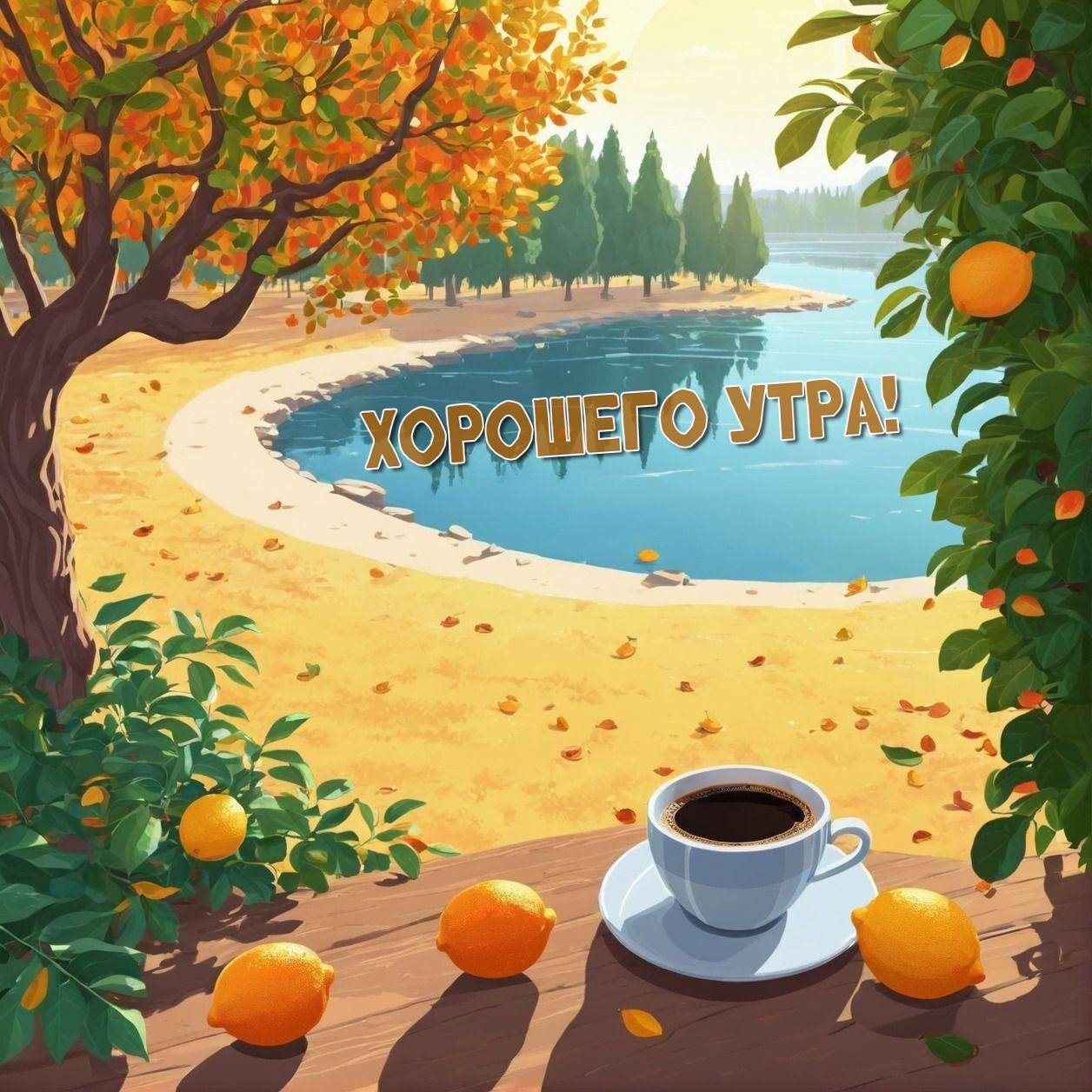 Озеро утром, чашка кофе на столе, оранжевые плоды