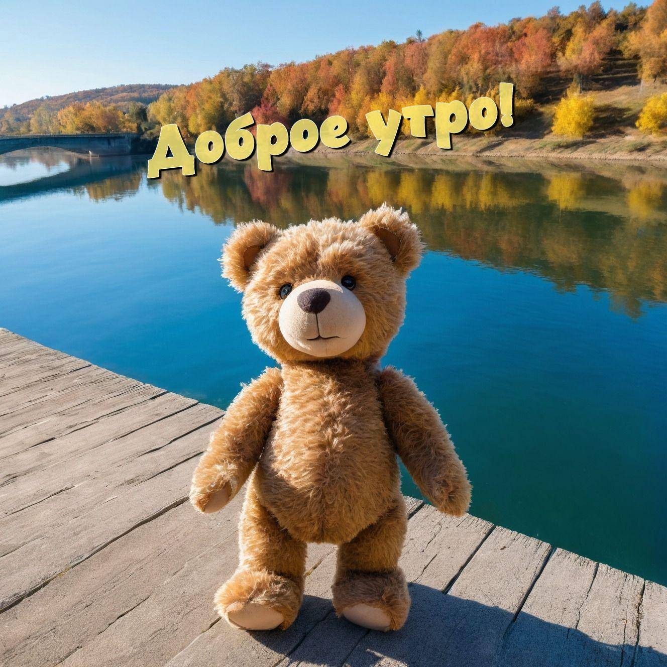 Плюшевый медведь на фоне осеннего леса и реки
