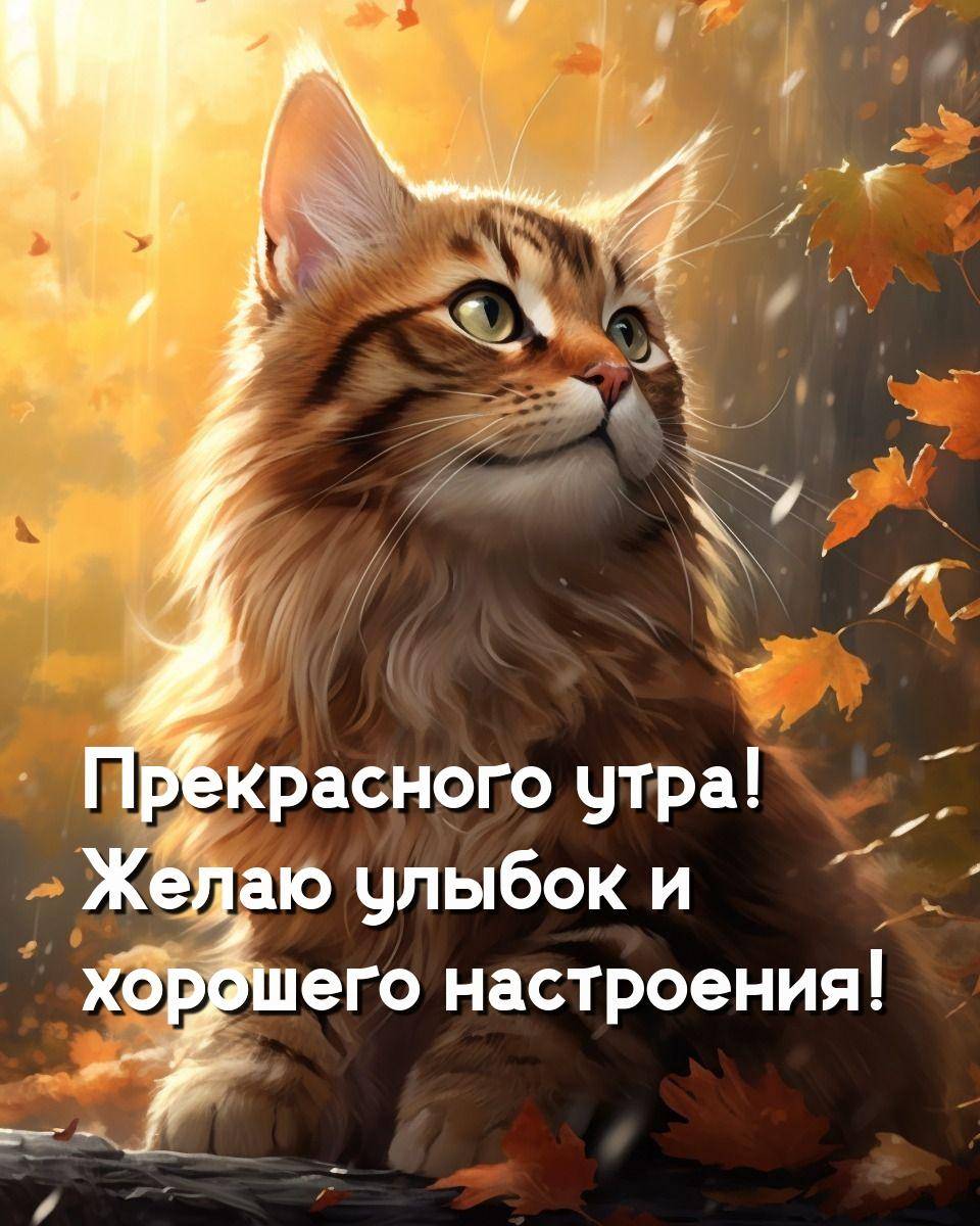 Полосатый кот смотрит вверх среди осенних листьев