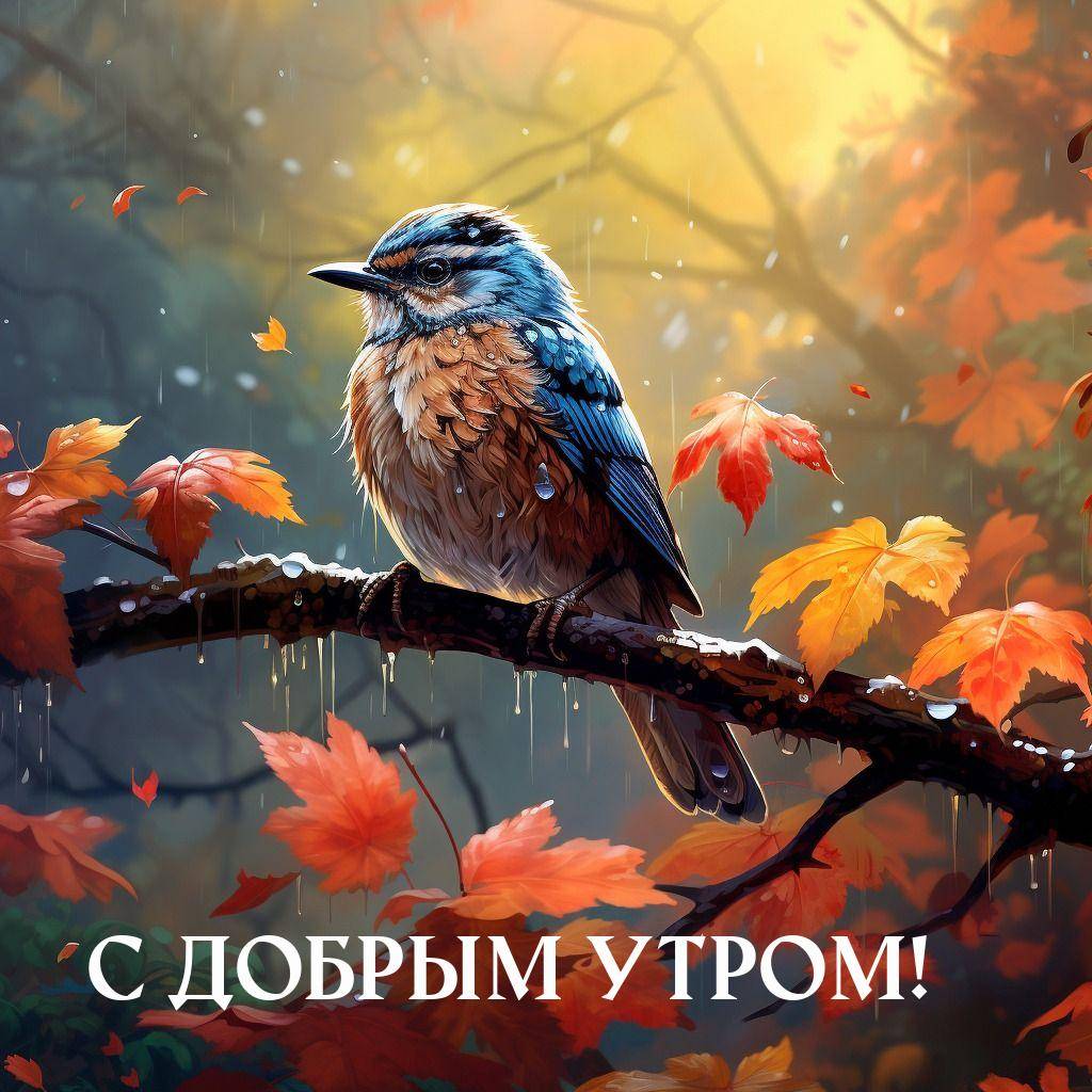Птица на ветке среди оранжевых листьев