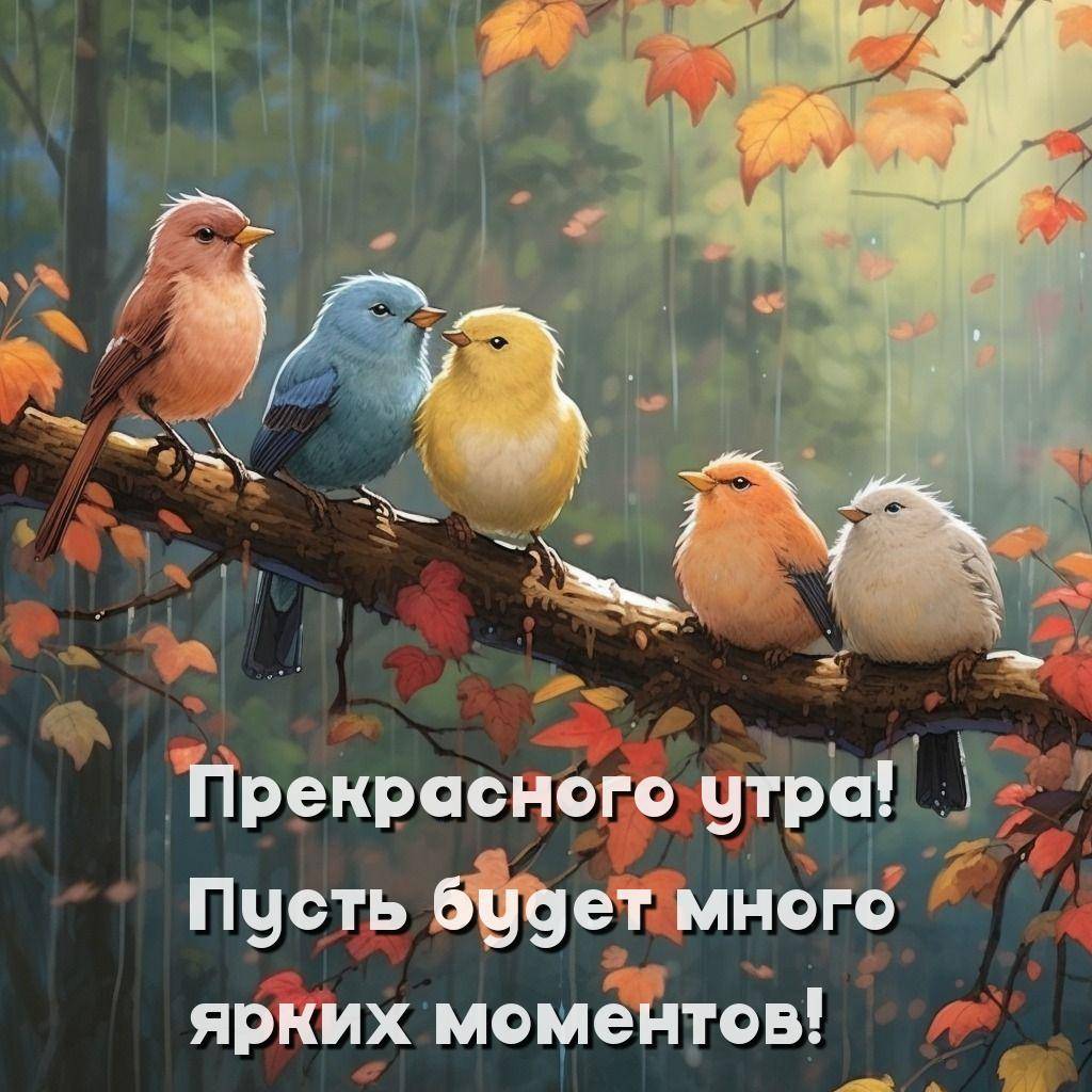 Пять птиц на ветке с осенними листьями