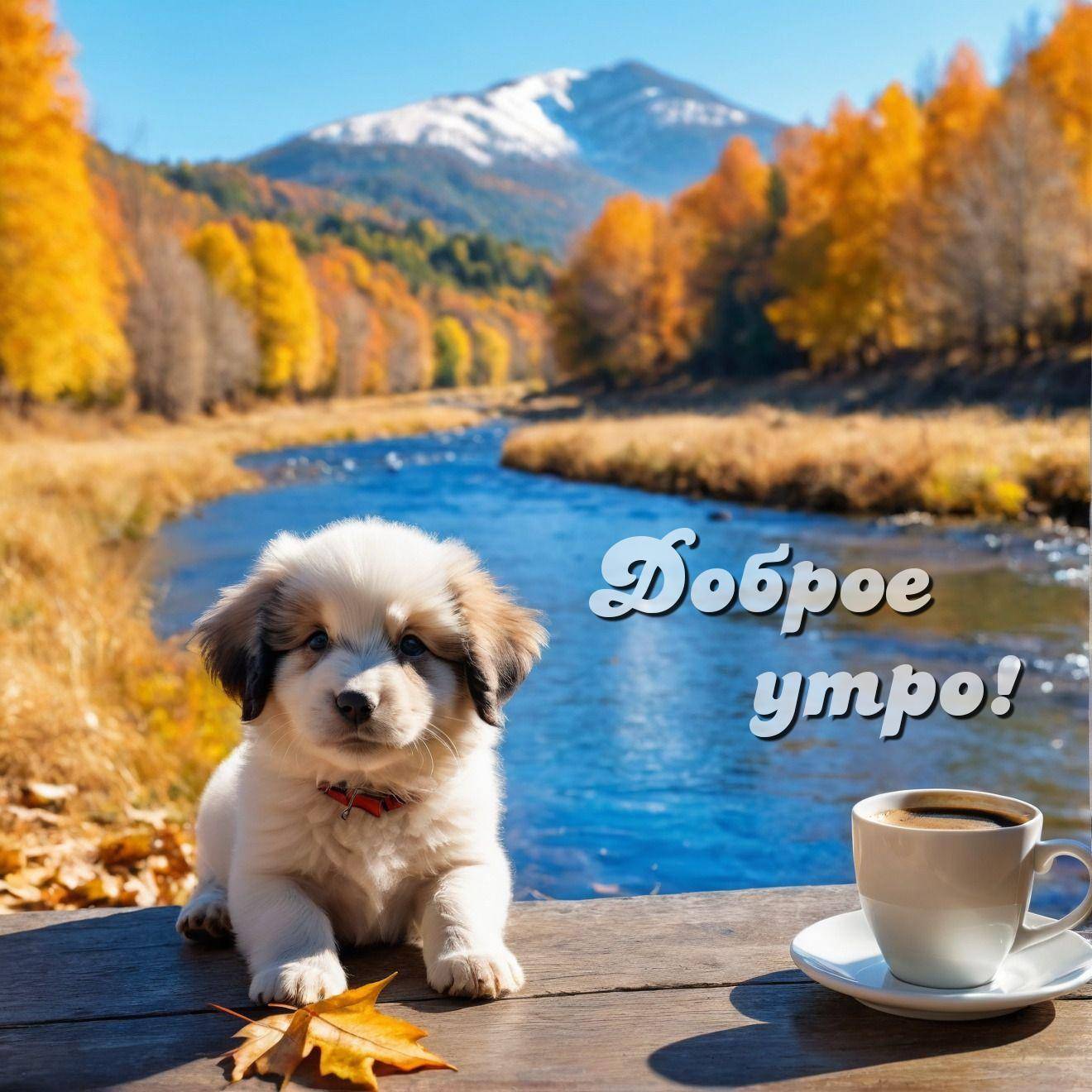 Щенок смотрит на реку, осенние деревья, горы вдалеке