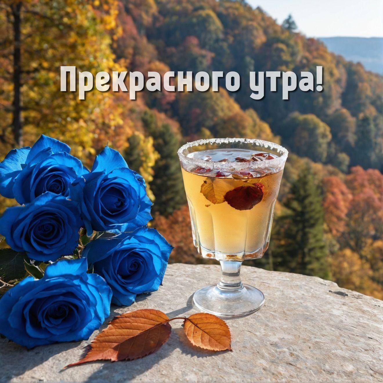 Синие розы и напиток на фоне осеннего леса