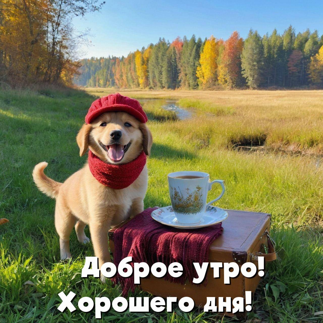 Собака рядом с чемоданом на фоне осеннего леса