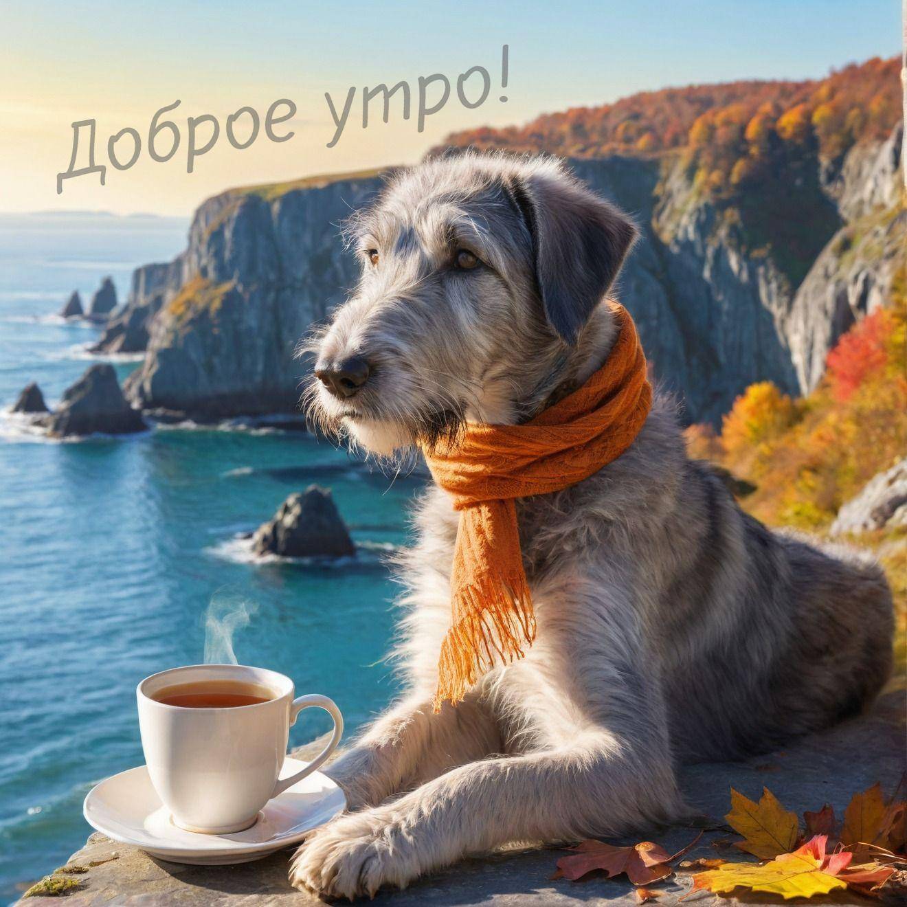 Собака с оранжевым шарфом рядом с чашкой чая