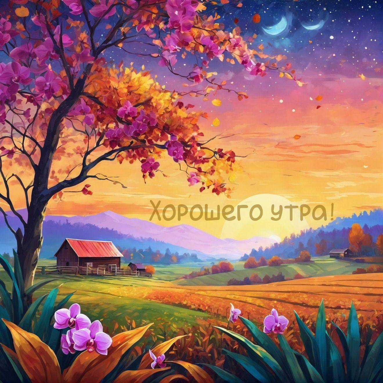 Цветущее дерево на фоне рассвета и поля с домиком