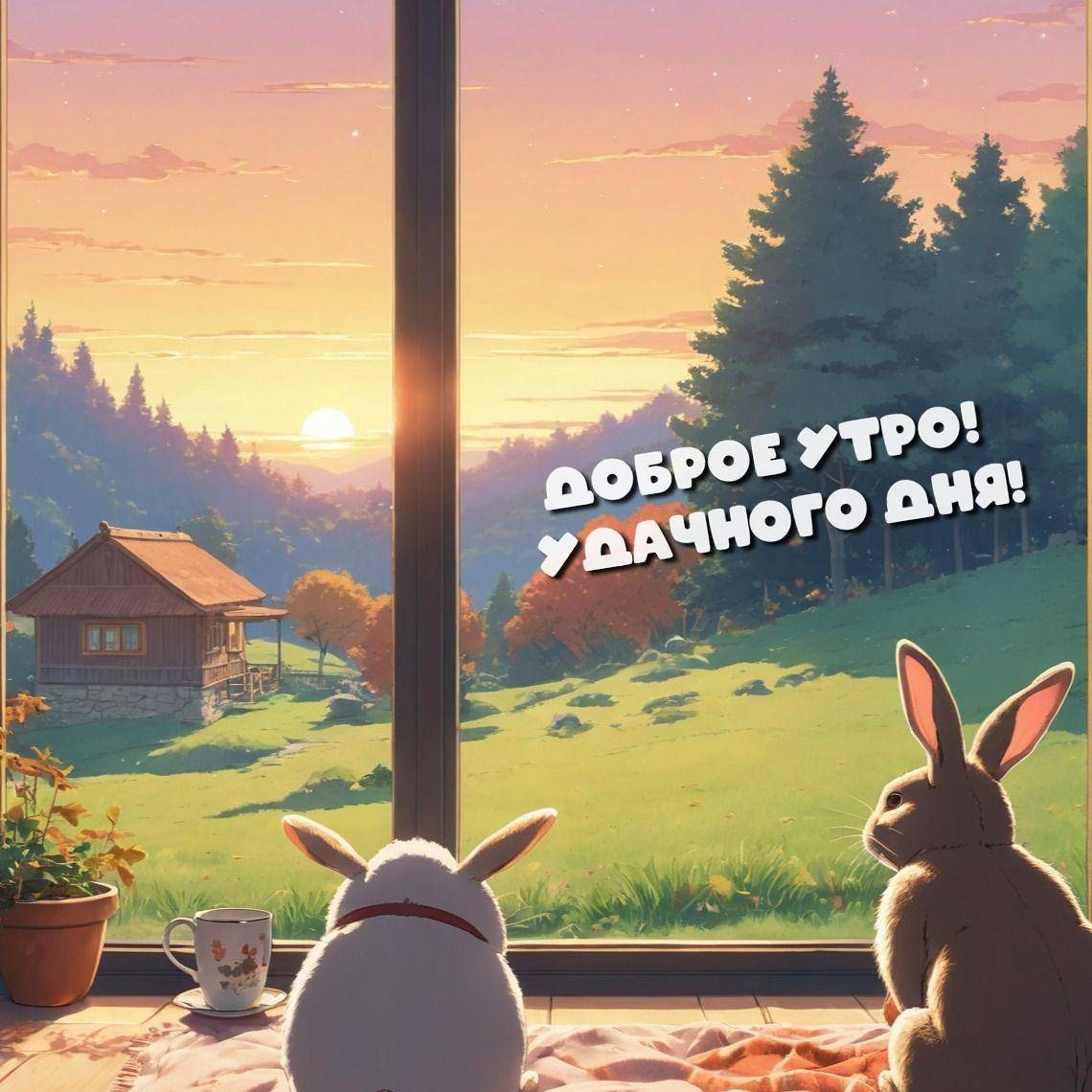 Зайчик смотрит на рассвет из окна дома