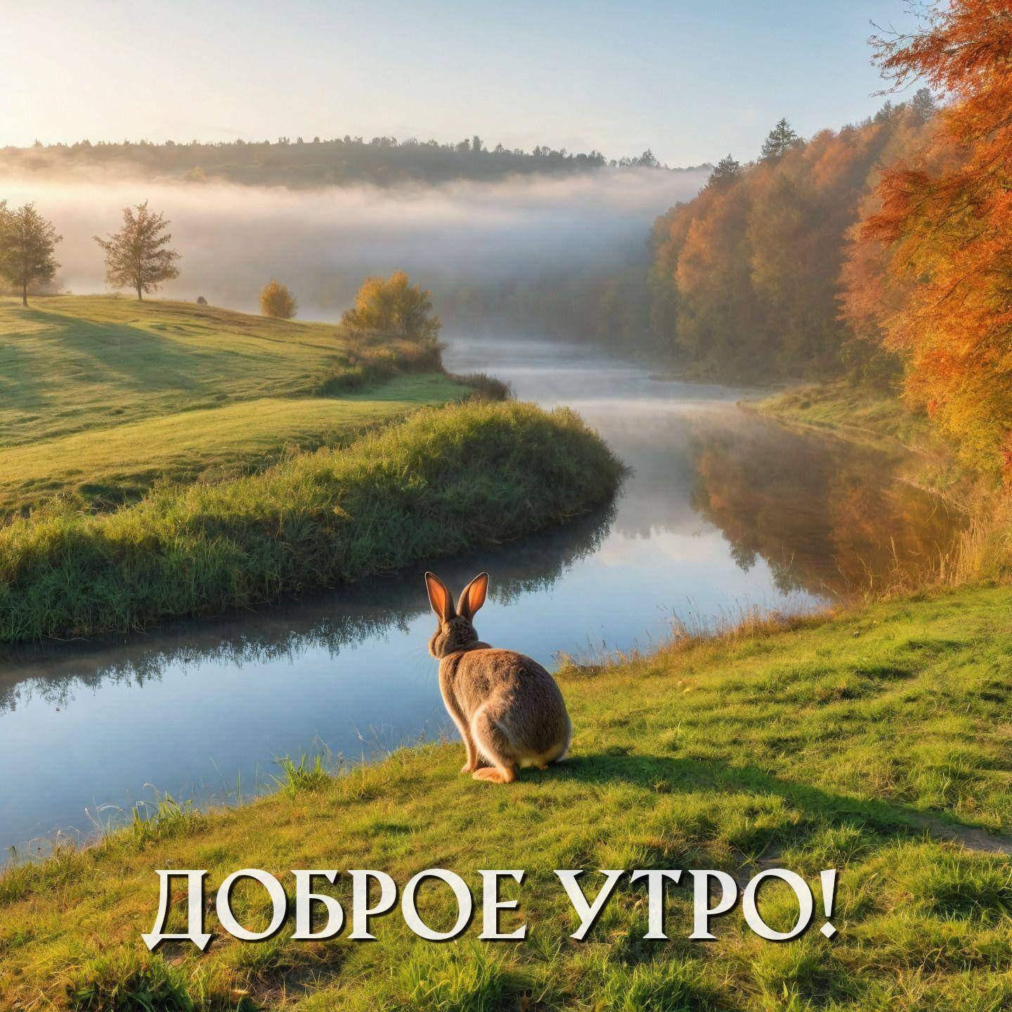 Заяц на берегу реки среди тумана и зелени