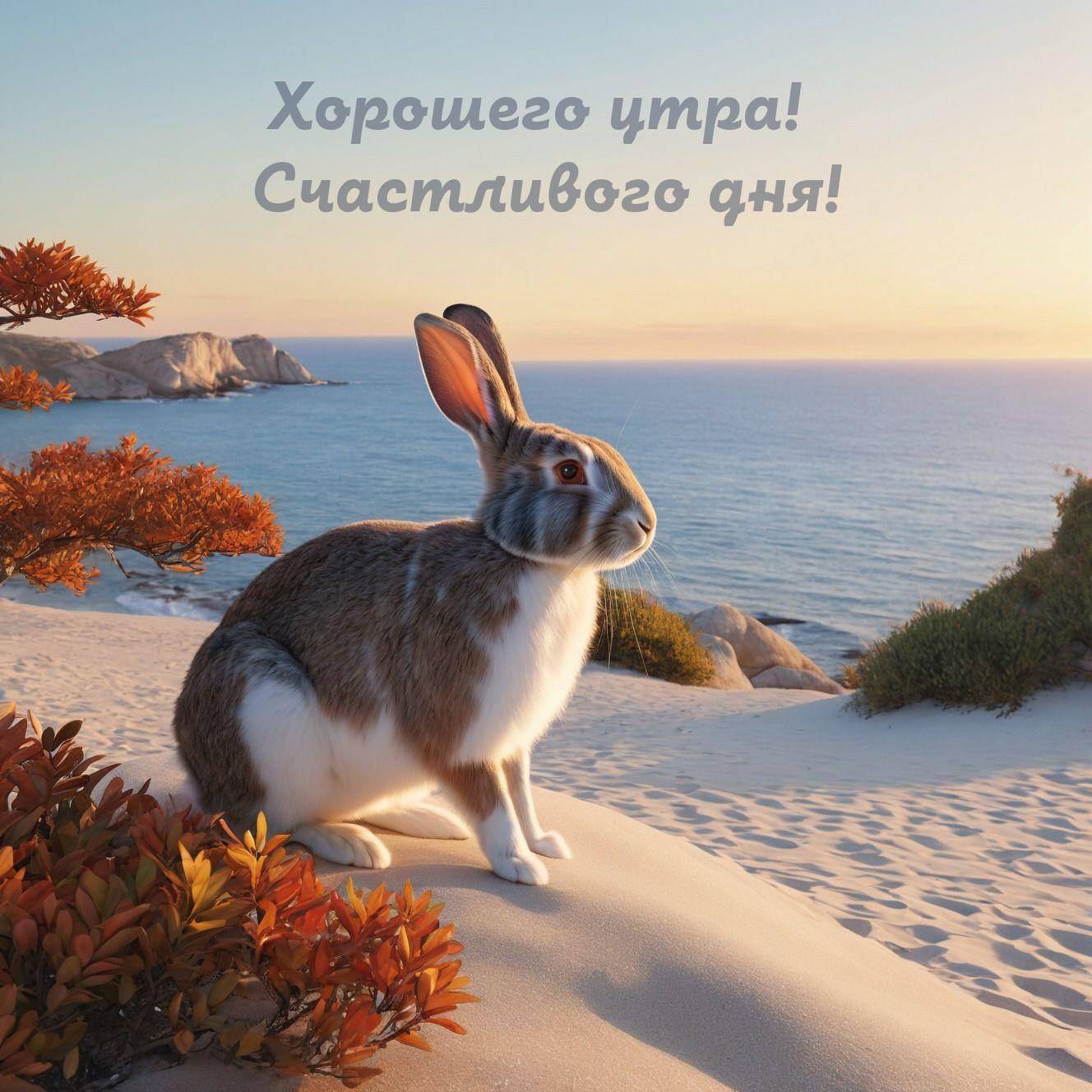 Заяц на песчаном пляже с растениями