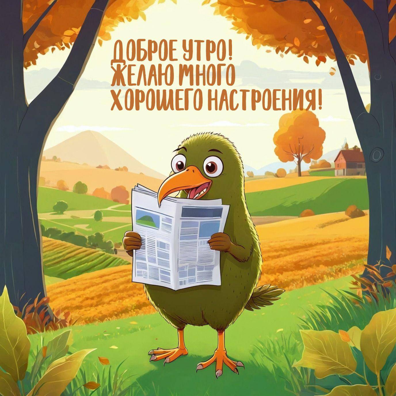 Зеленая птица читает газету на фоне осеннего пейзажа