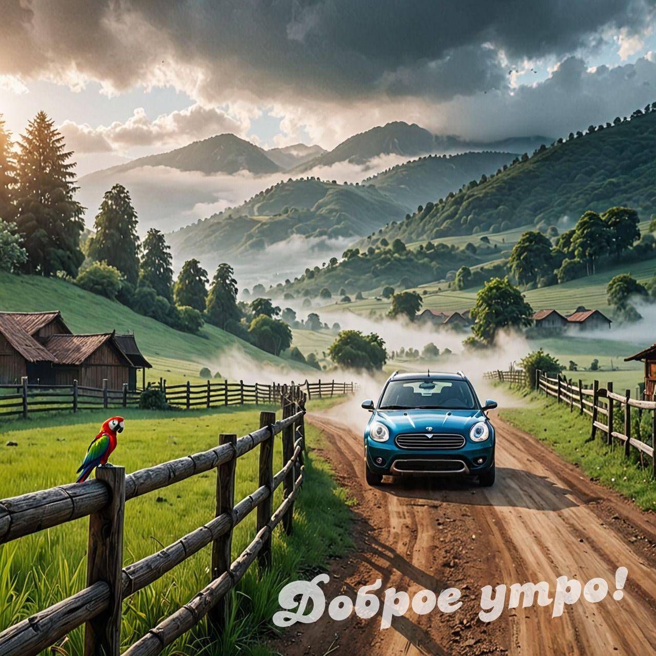 Автомобиль на грунтовой дороге среди зелёных холмов