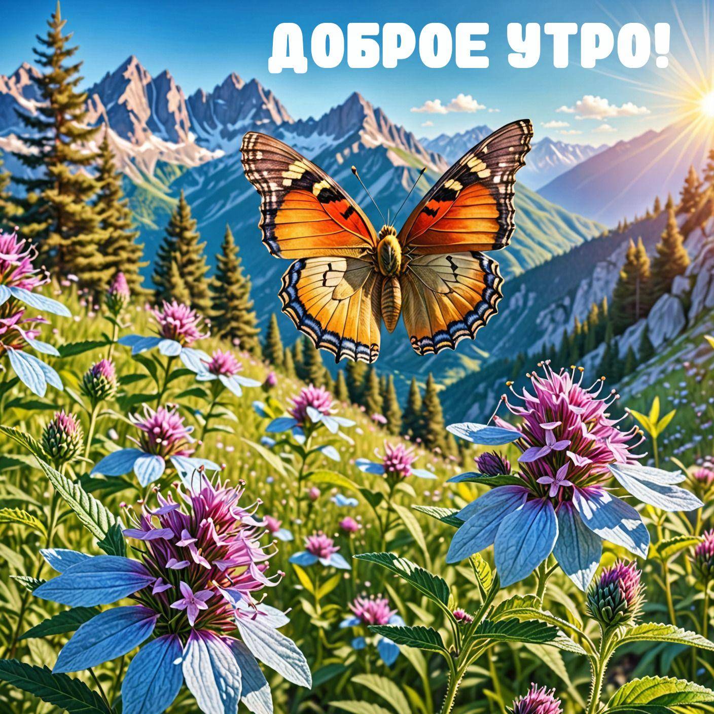 Бабочка на цветах, горы, солнечные лучи