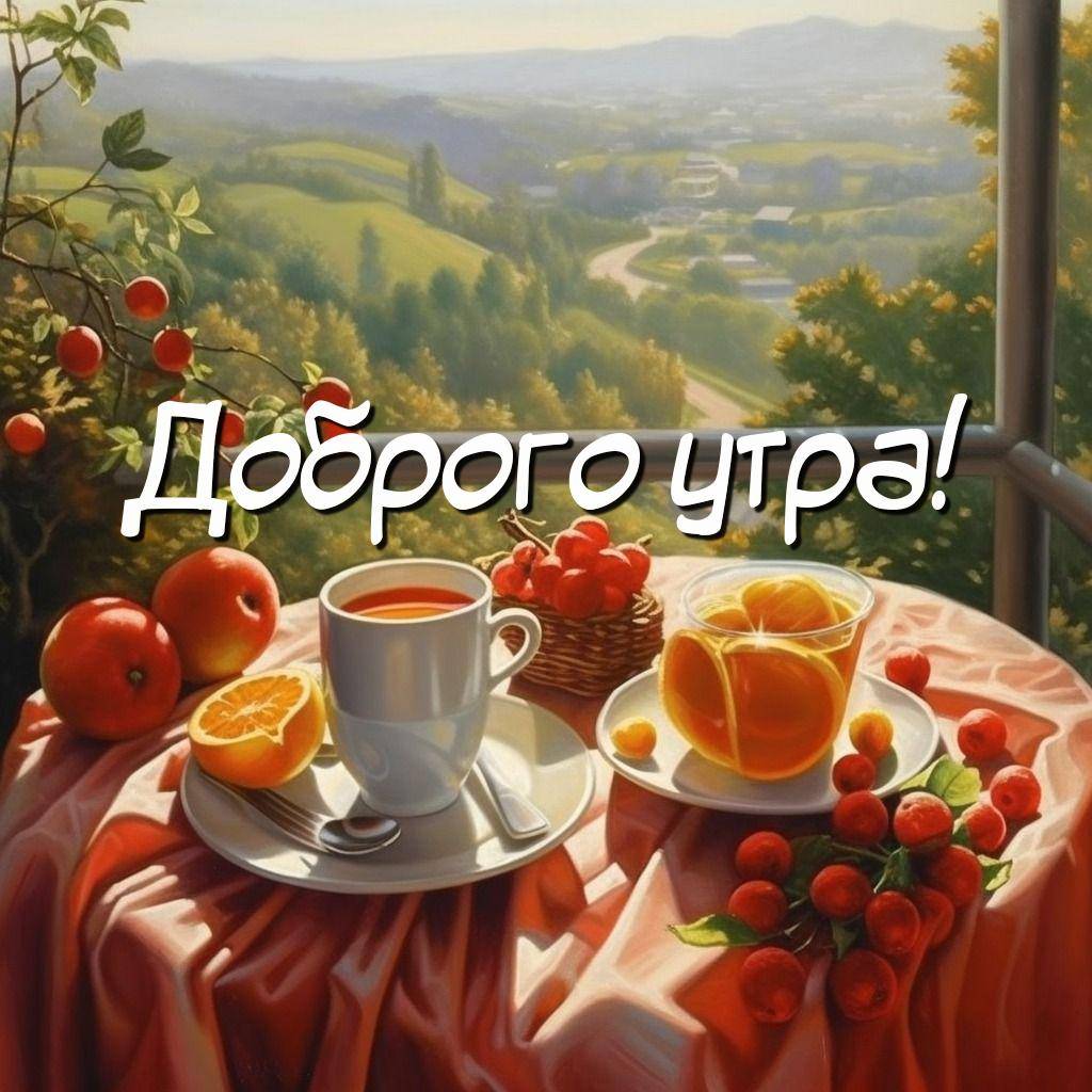Балкон с видом на холмы, фрукты и чашка на столе