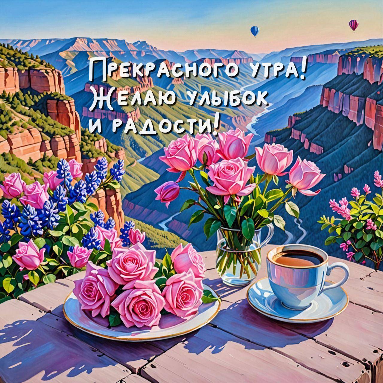 Белая чашка кофе и розы на фоне каньона