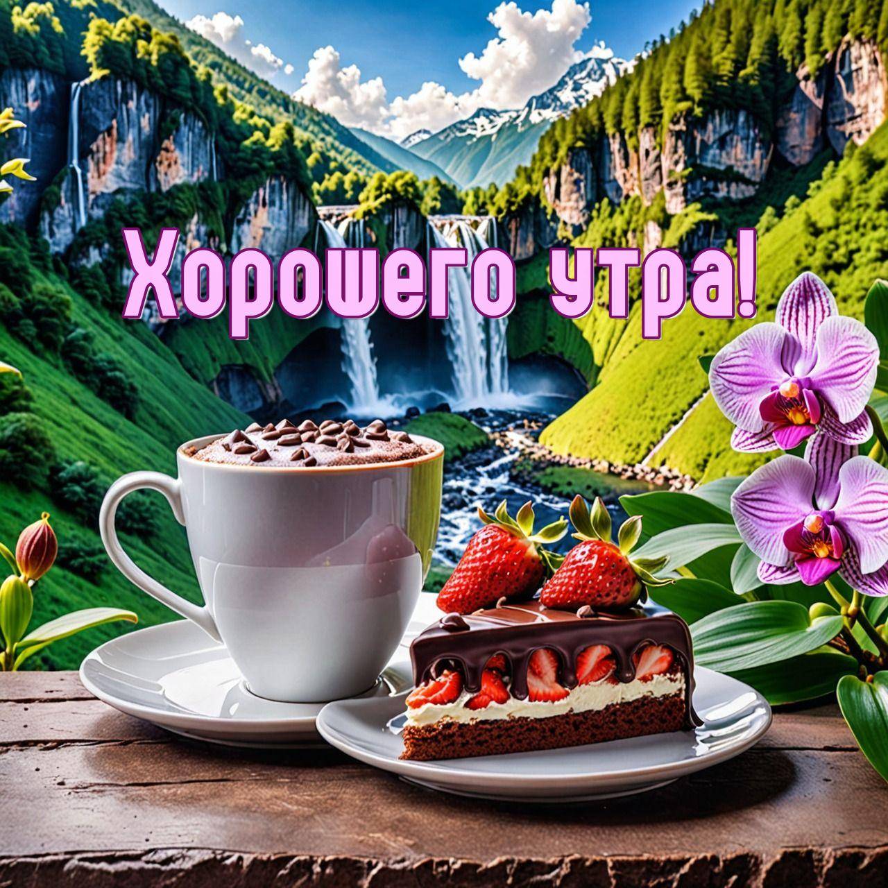 Белая чашка кофе, клубничное пирожное, фиолетовые орхидеи, водопад и горы