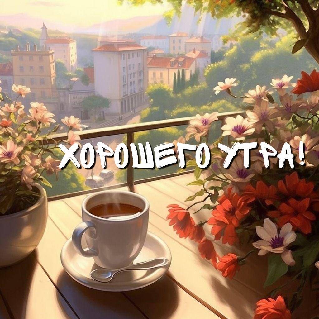 Белая чашка кофе на балконе, цветы, городской пейзаж