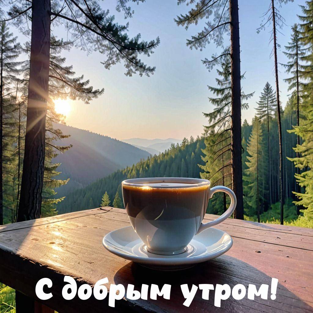 Белая чашка кофе на фоне леса и рассвета