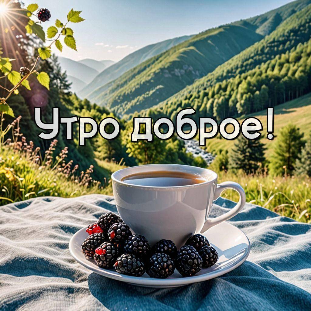 Белая чашка с напитком и ежевикой на фоне зеленых холмов