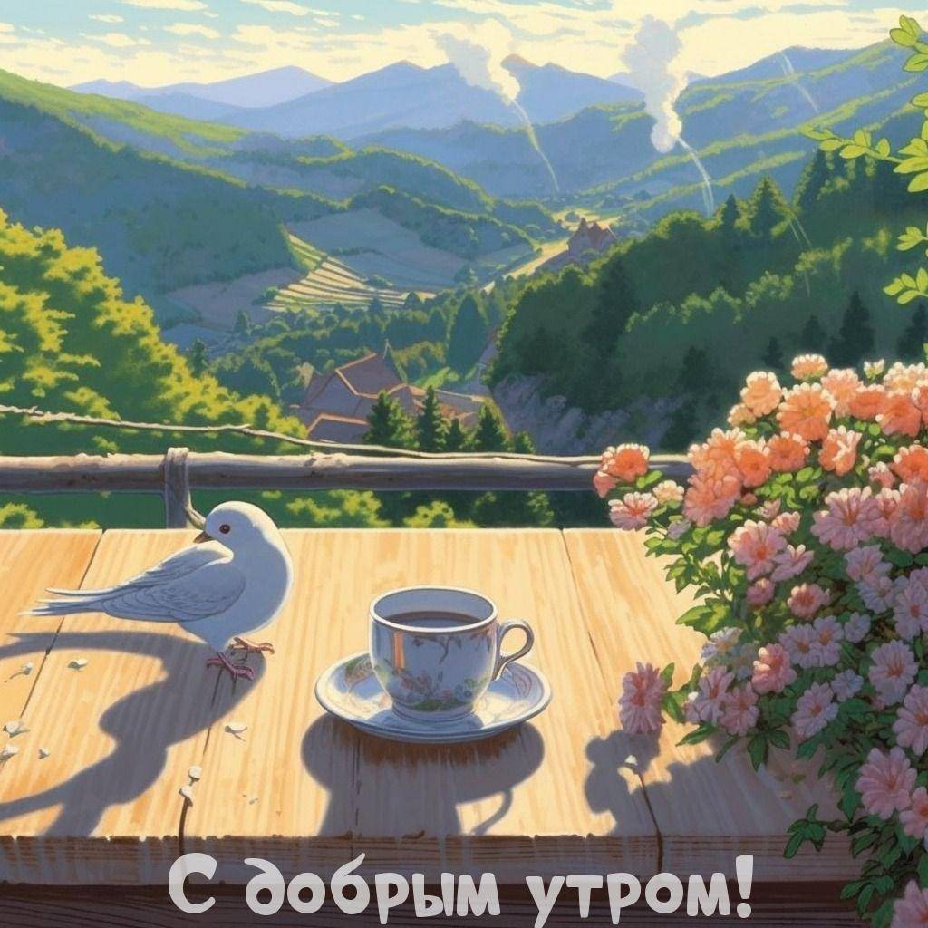 Белая голубь на балконе, чашка кофе, цветы, вид на долину