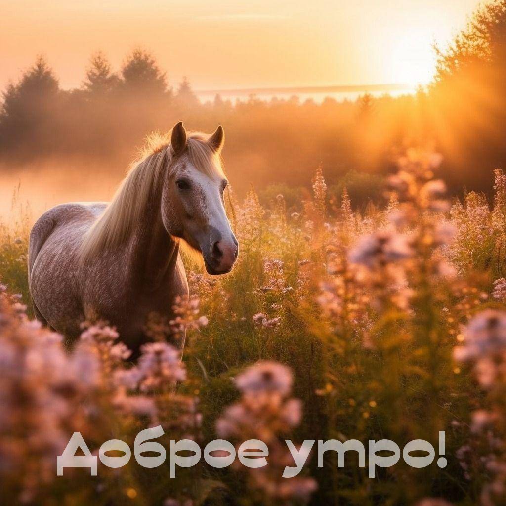 Белая лошадь на фоне рассвета в поле цветов