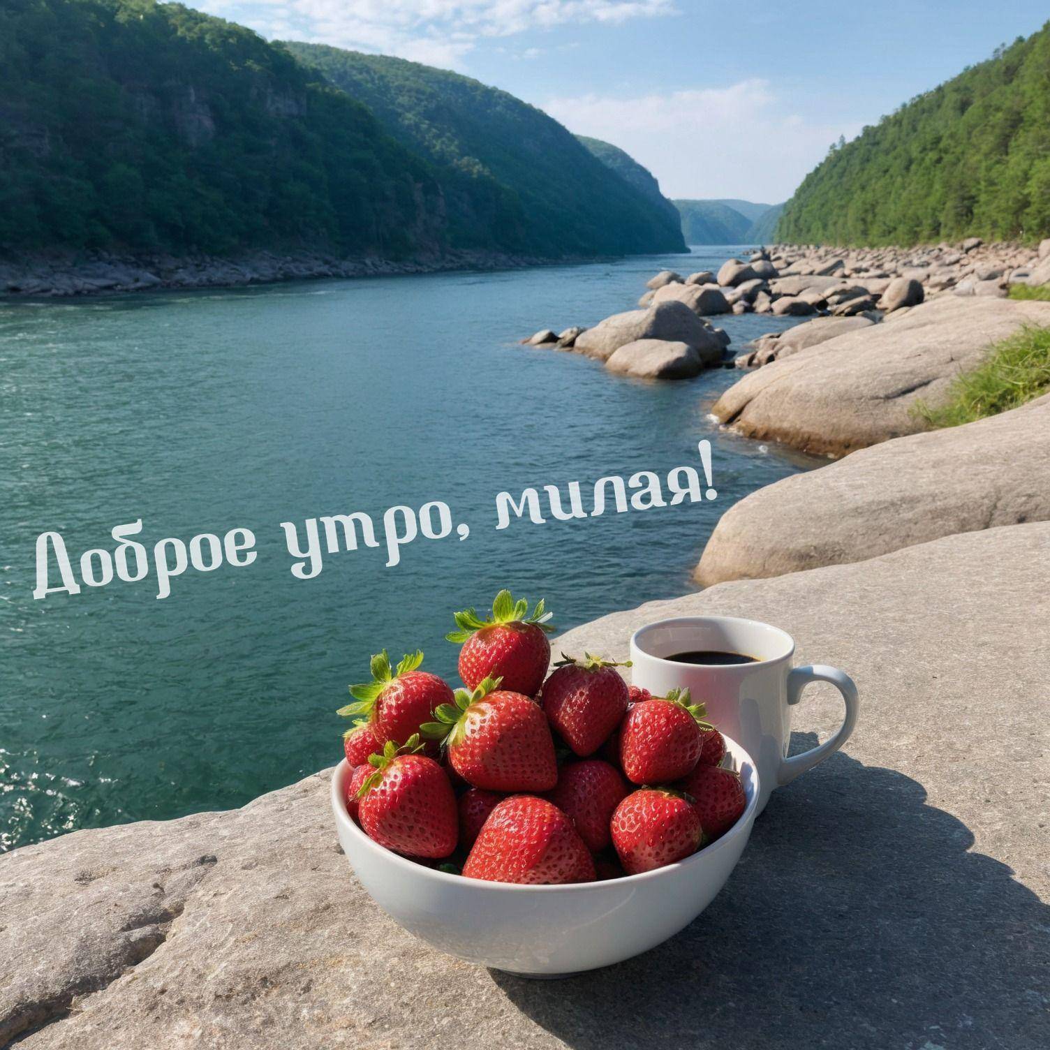 Белая миска с клубникой и чашка у реки