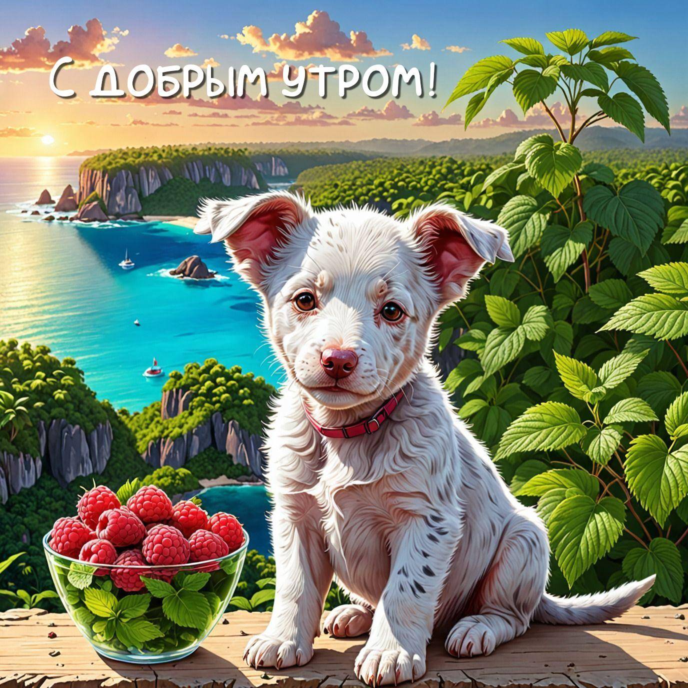 Белая собака рядом с миской малины на фоне морского пейзажа