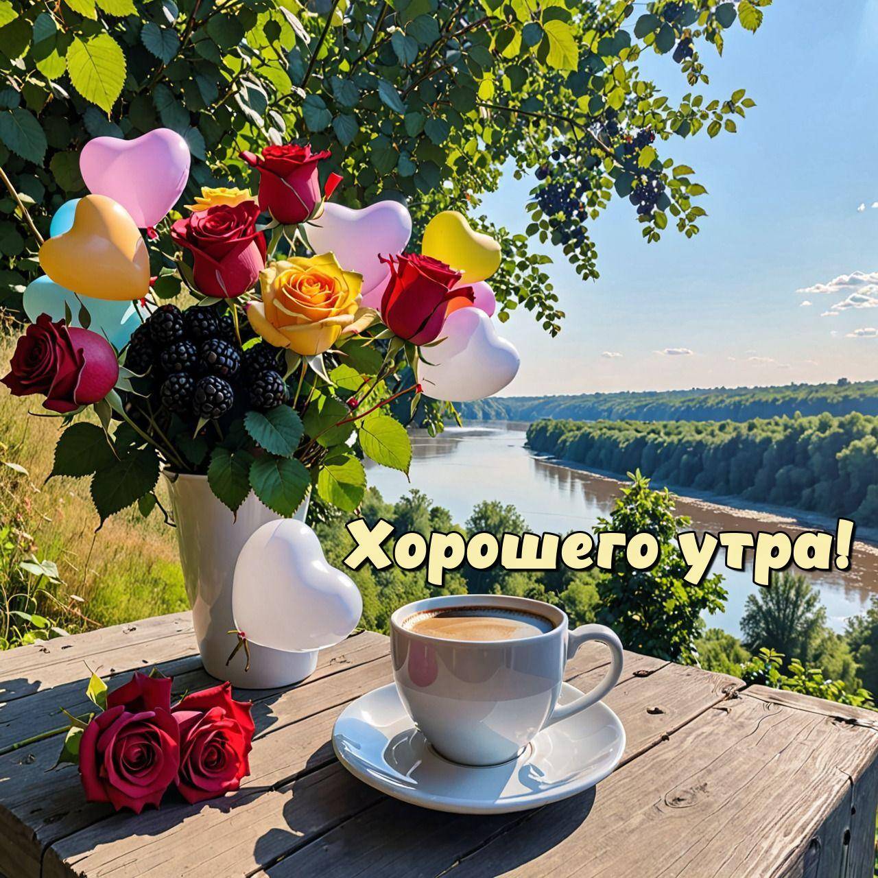 Белая ваза с розами и шарами в форме сердец, чашка кофе на фоне реки
