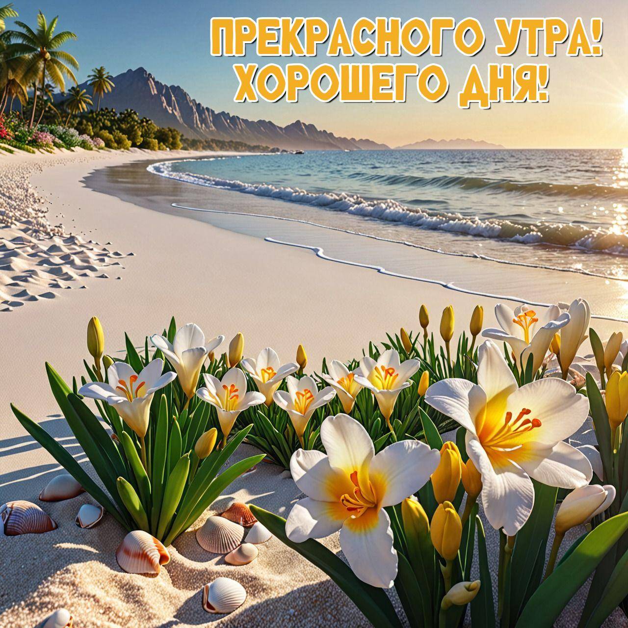 Белые лилии на пляже, море, пальмы и горы вдалеке