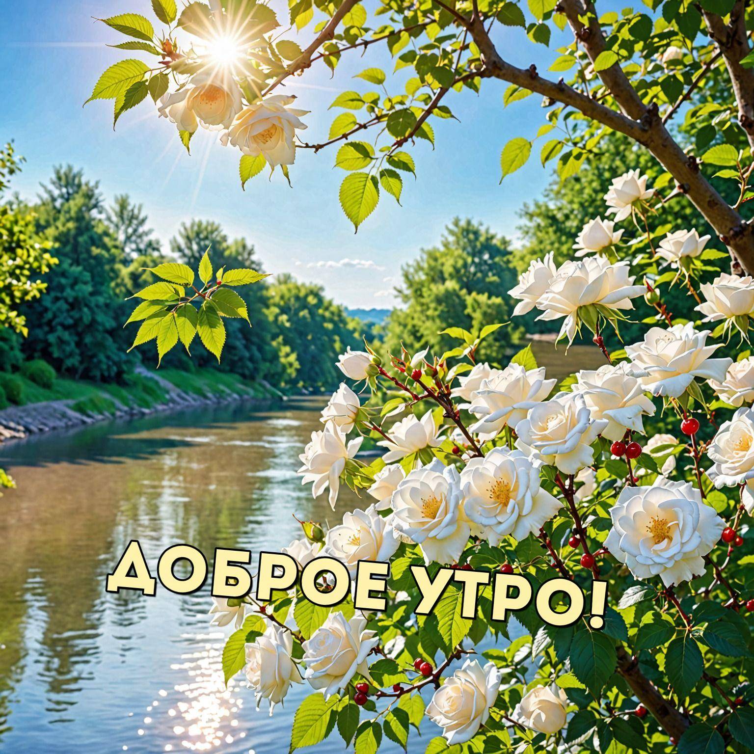 Белые розы на фоне реки и зеленых деревьев