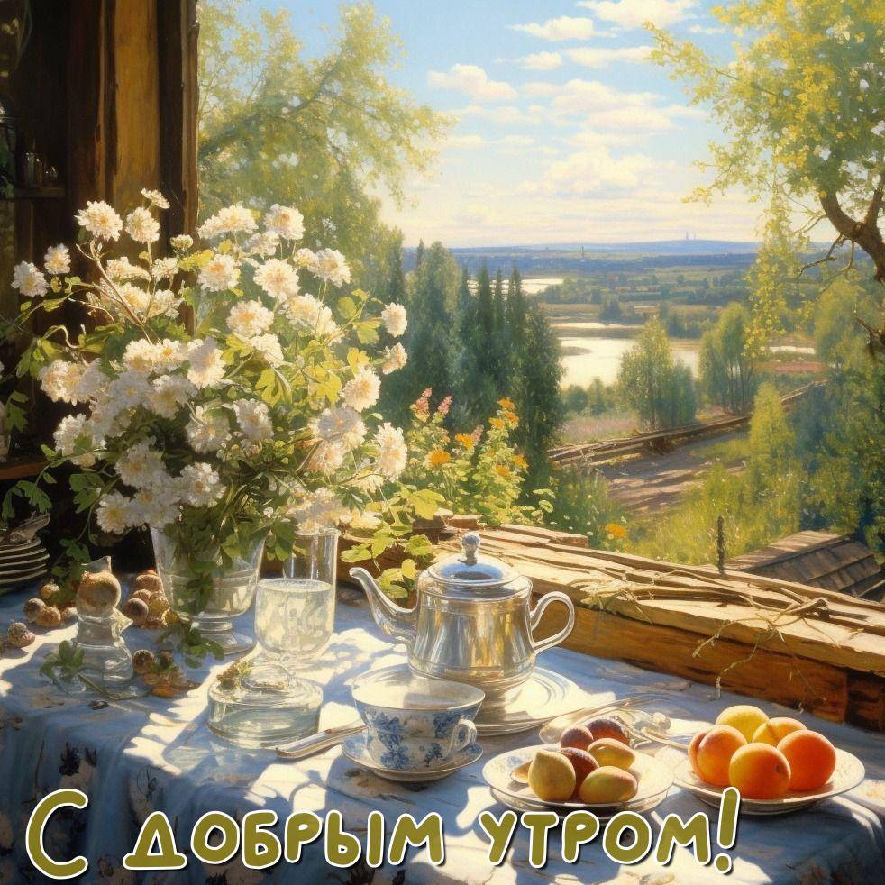 Белые цветы в вазе, чайник и фрукты на столе у окна