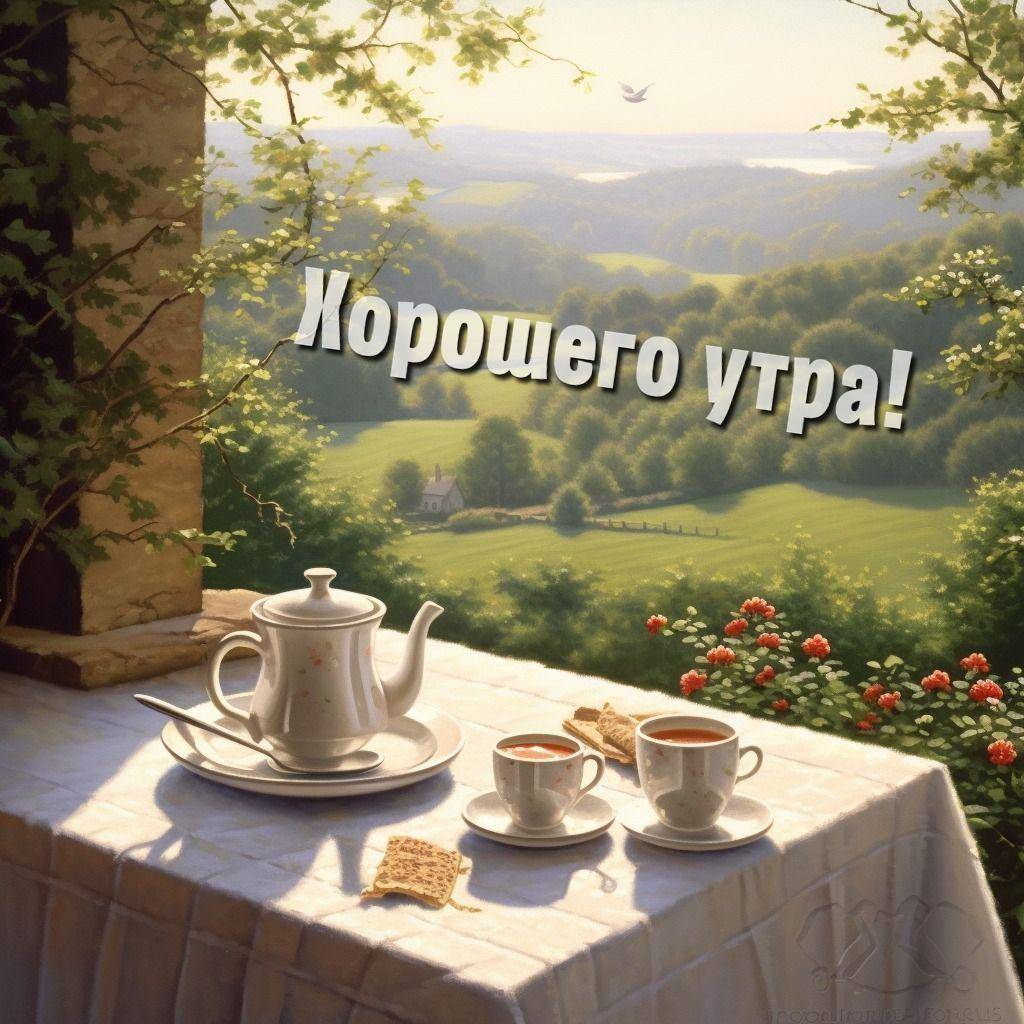 Белый чайник и две чашки на столе с печеньем на террасе