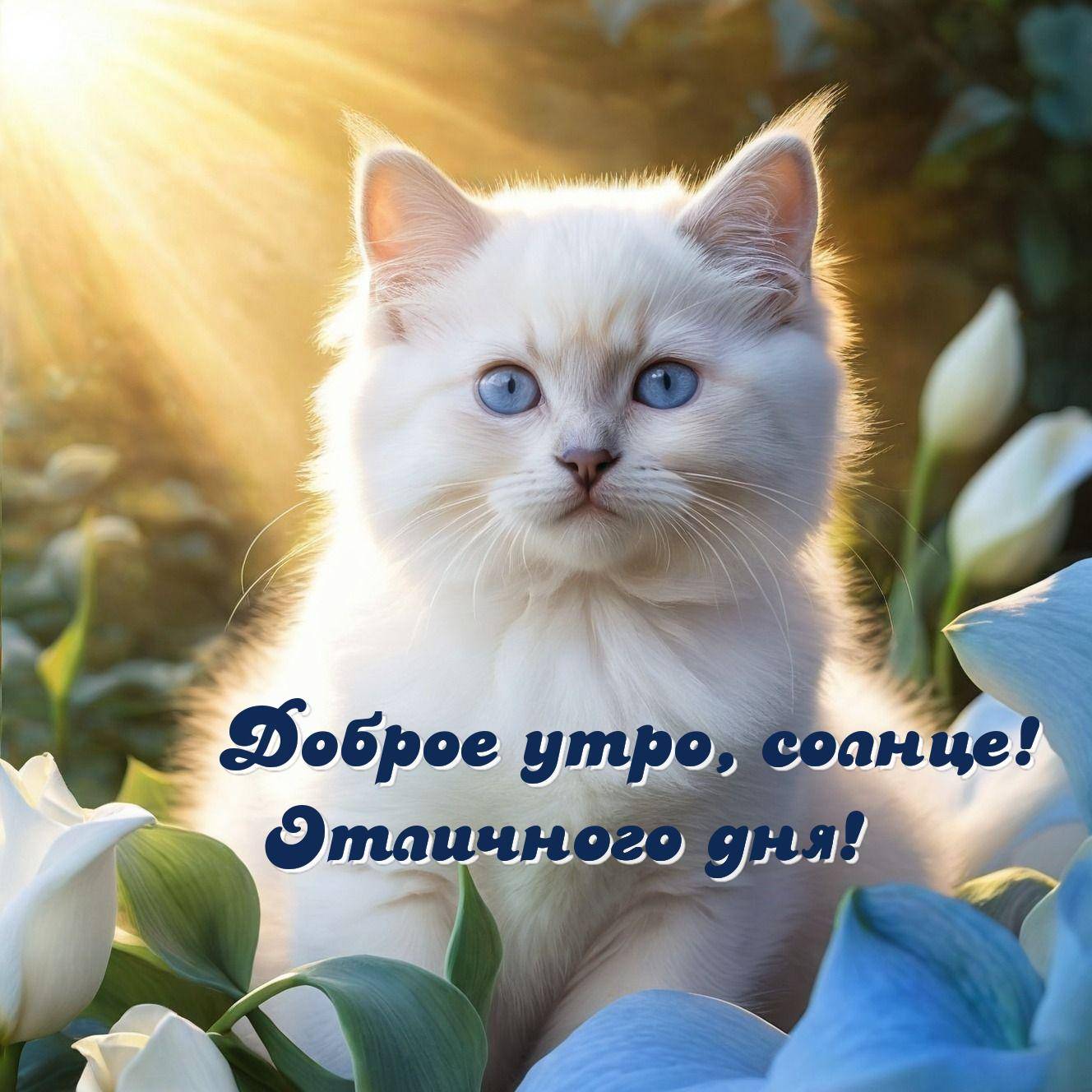 Белый кот с голубыми глазами среди цветов