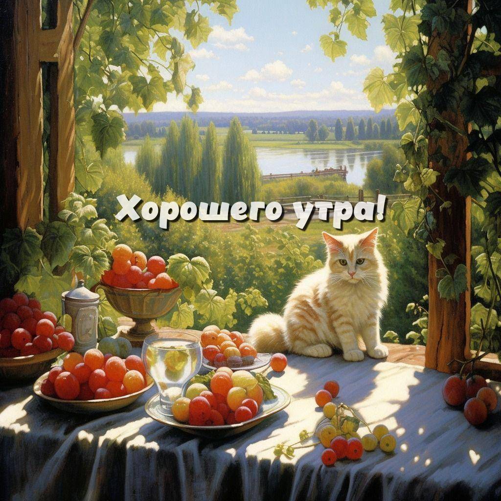 Белый кот у окна, фрукты на подоконнике