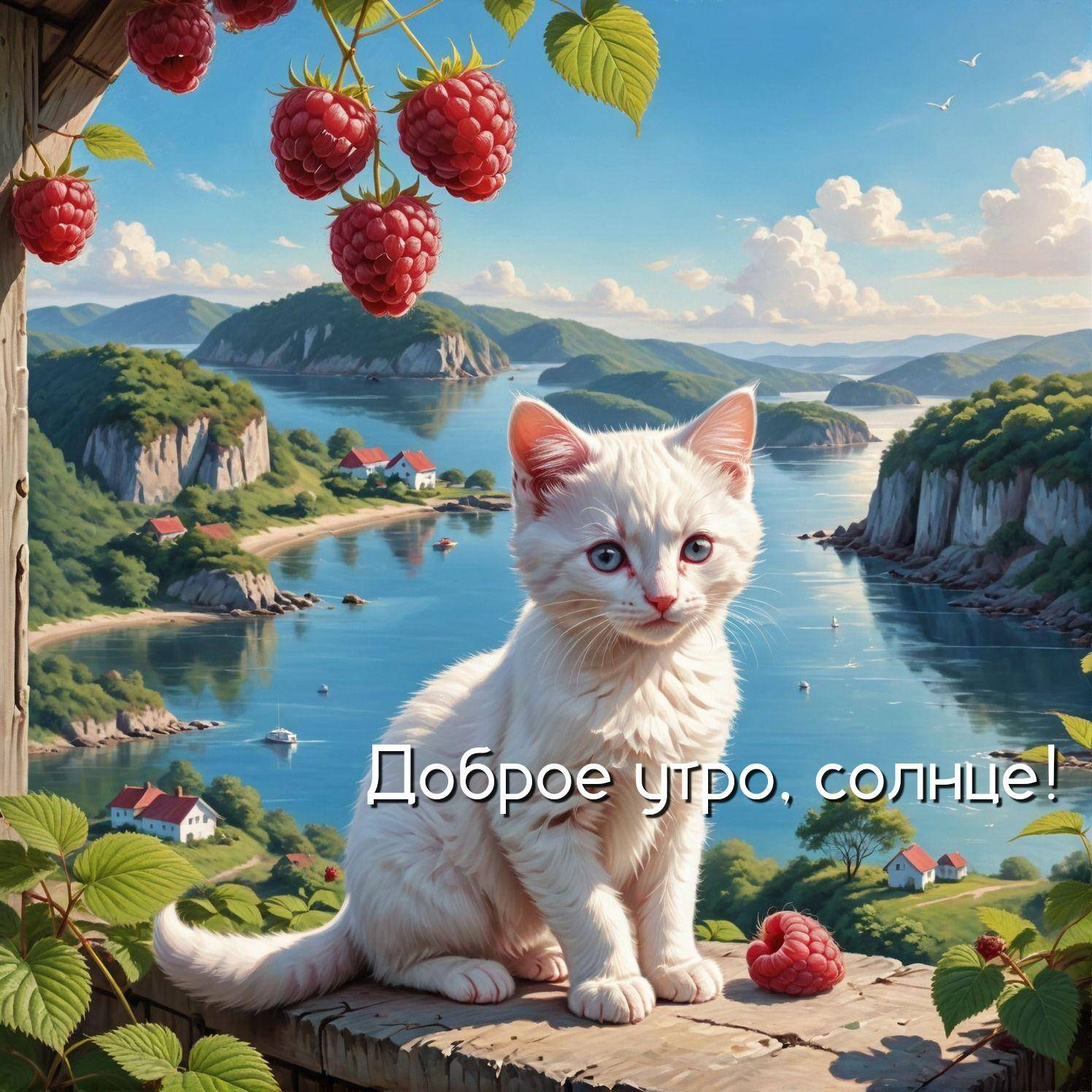 Белый котенок сидит на фоне морского пейзажа