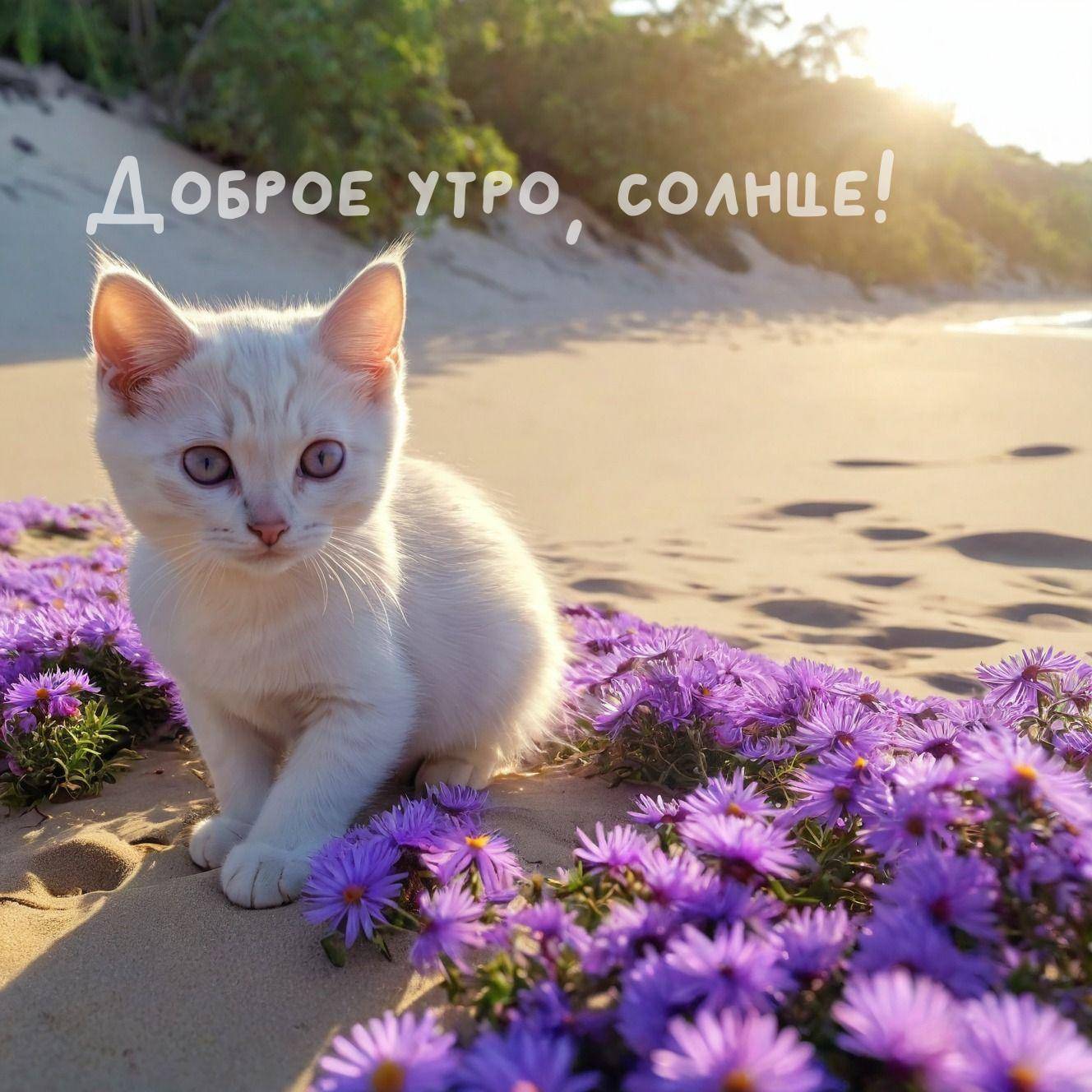 Белый котенок среди фиолетовых цветов на пляже