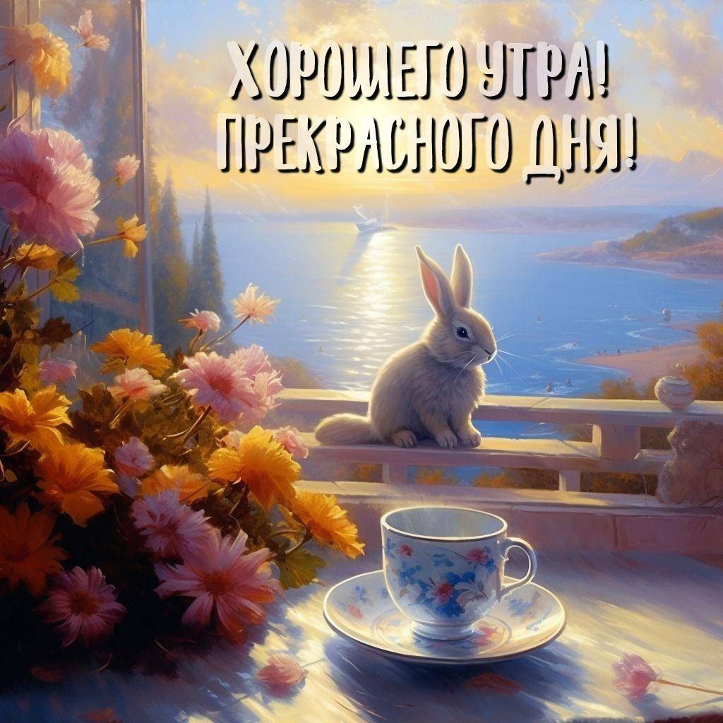 Белый кролик на балконе с видом на море, цветы, чашка кофе