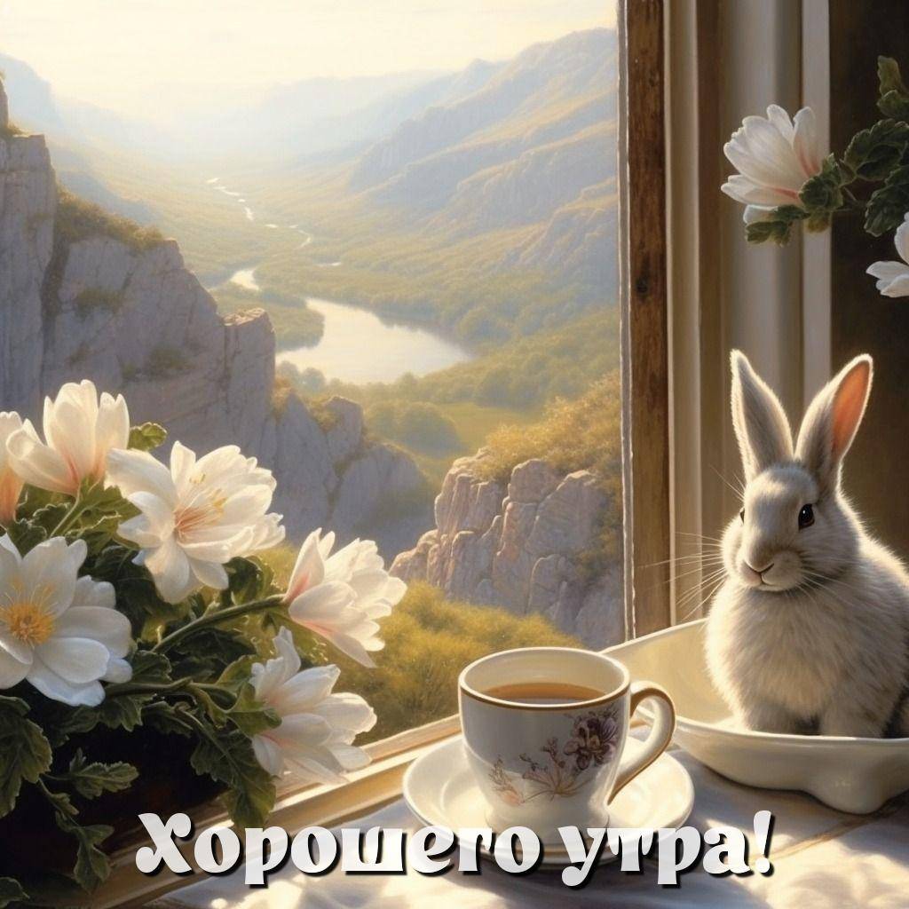 Белый кролик рядом с чашкой кофе на подоконнике