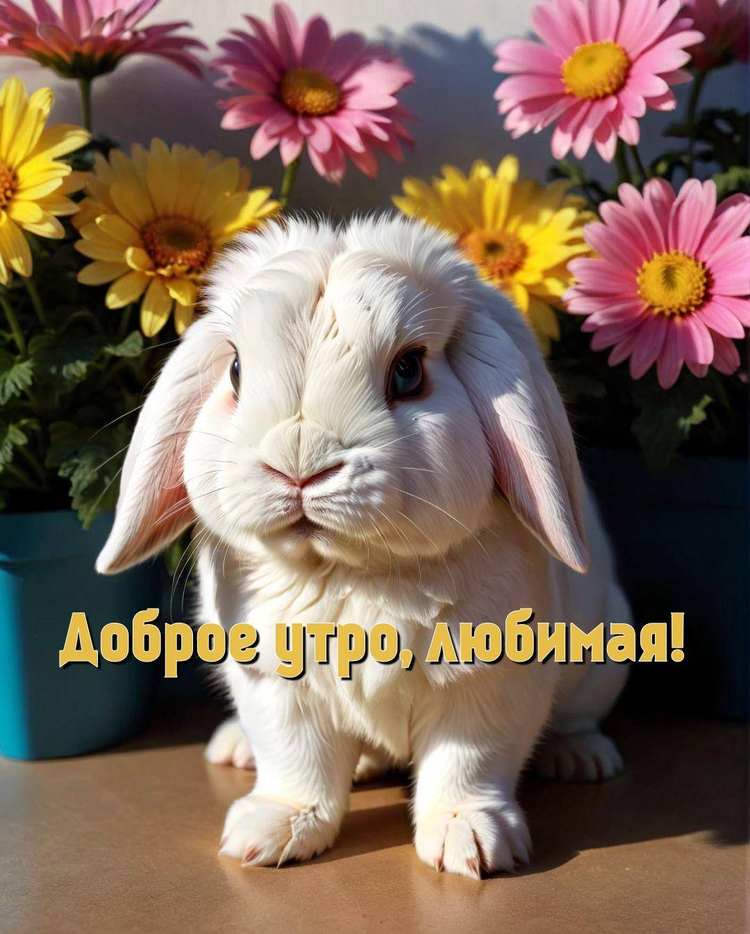 Белый кролик с длинными ушами рядом с цветами