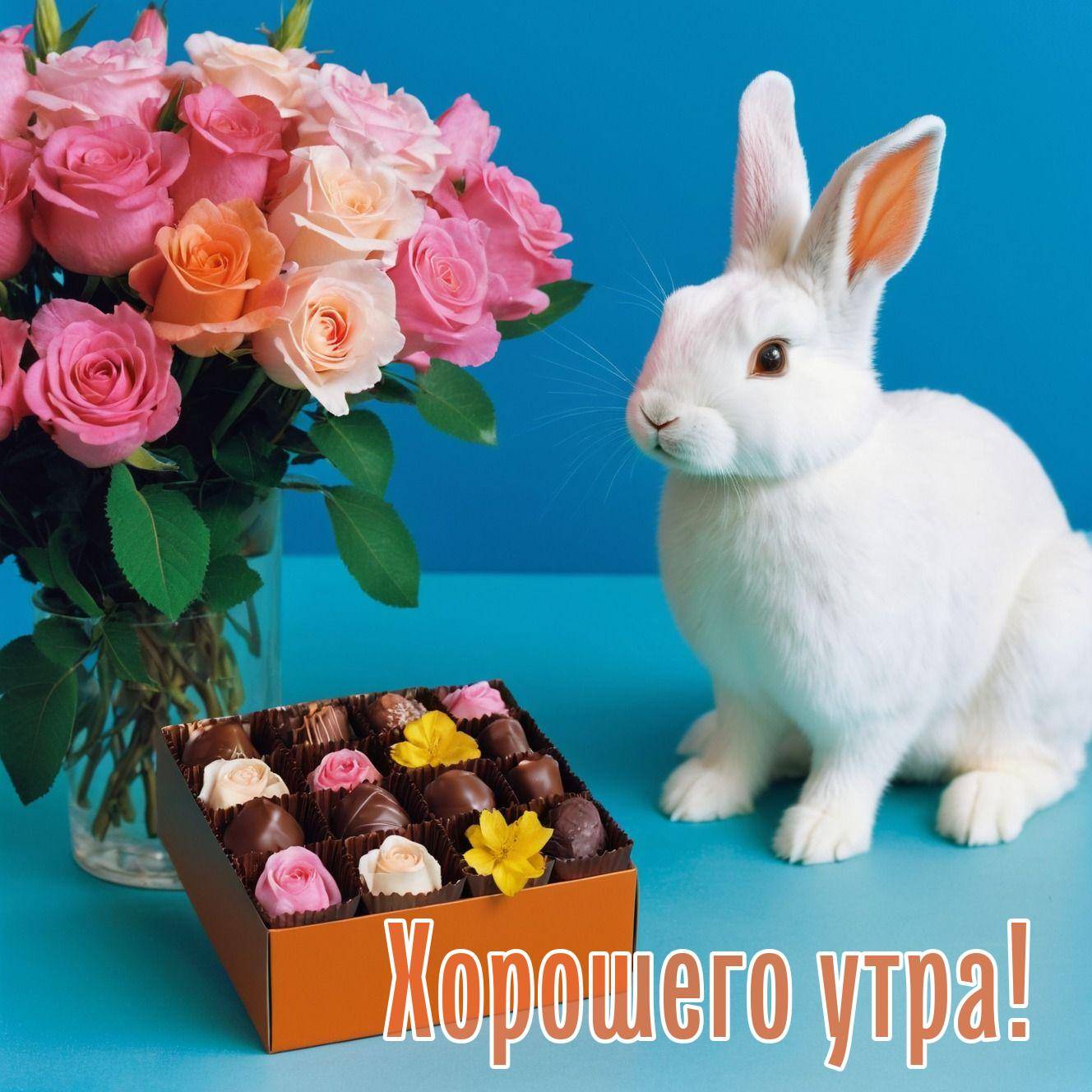 Белый кролик, шоколадные конфеты и розы